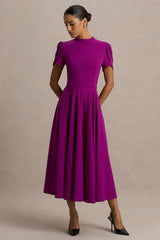 Vicky | Mulberry High Neck Midi Dress With Puff Sleeves
