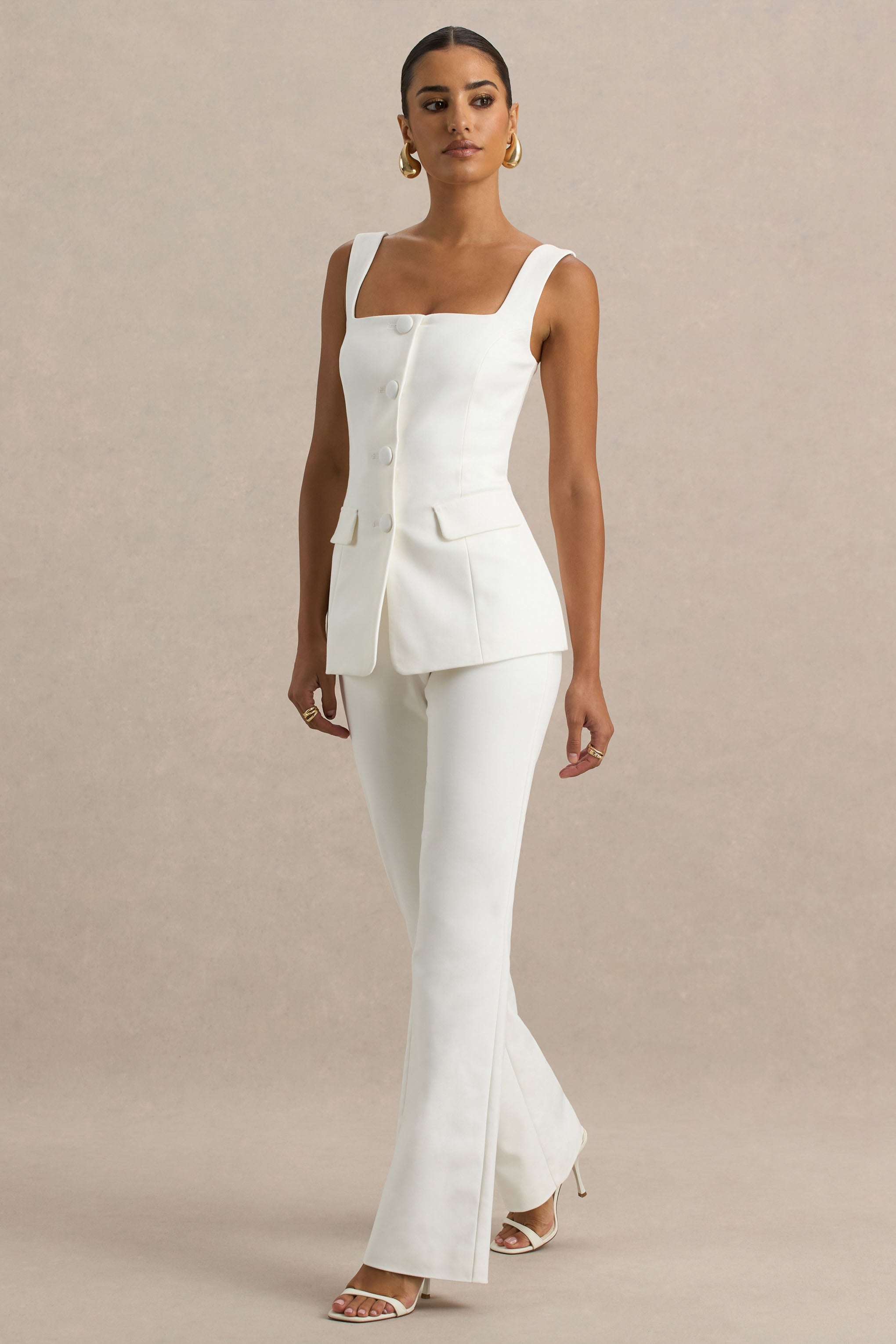 Aceline | White Square-Neck Tailored Jumpsuit