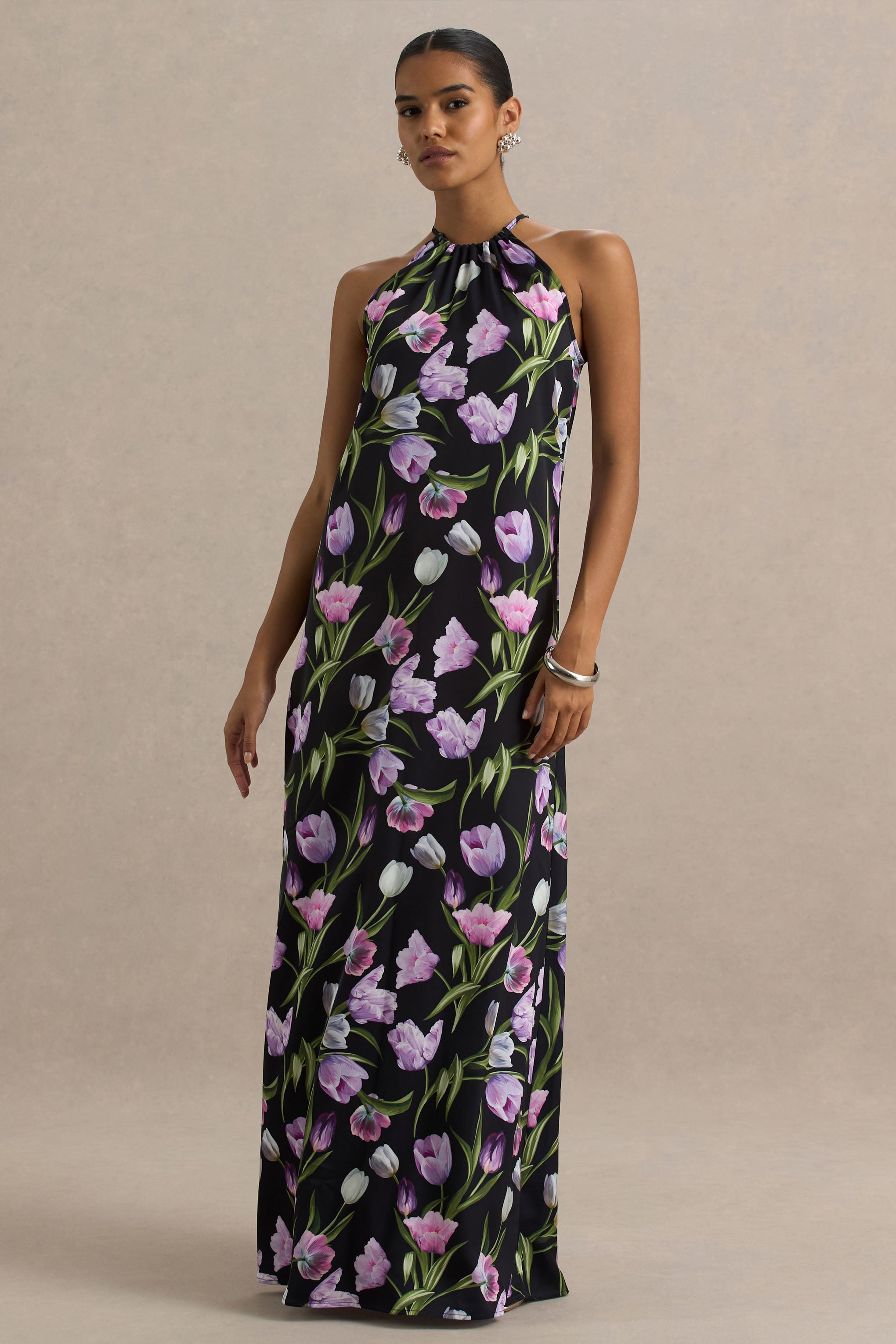 Svana | Black Satin Floral Asymmetric Halter-Neck Maxi Dress