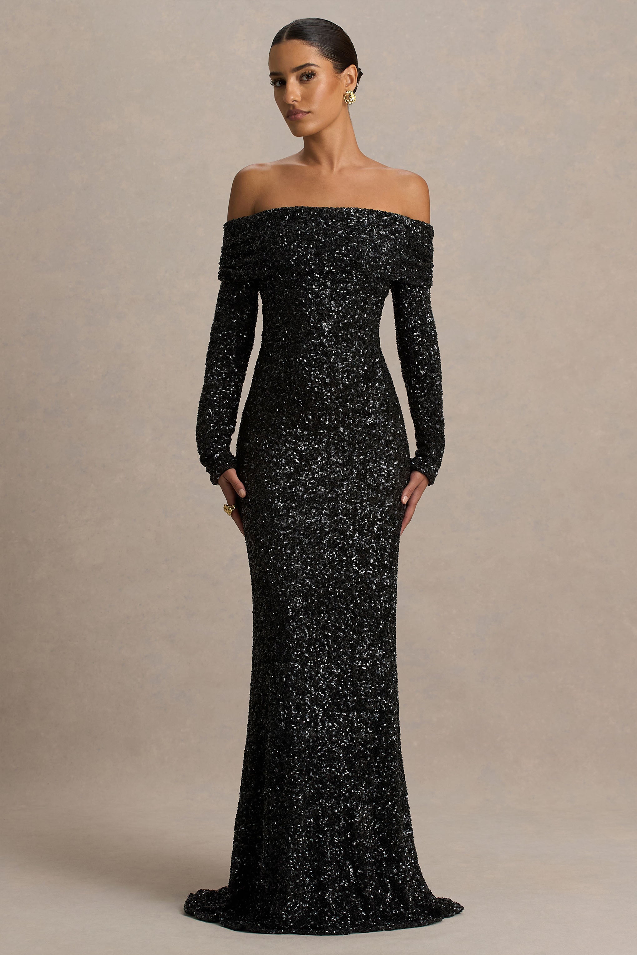 Obsession | Black Sequin Bardot-Neck Maxi Dress With Long Sleeves