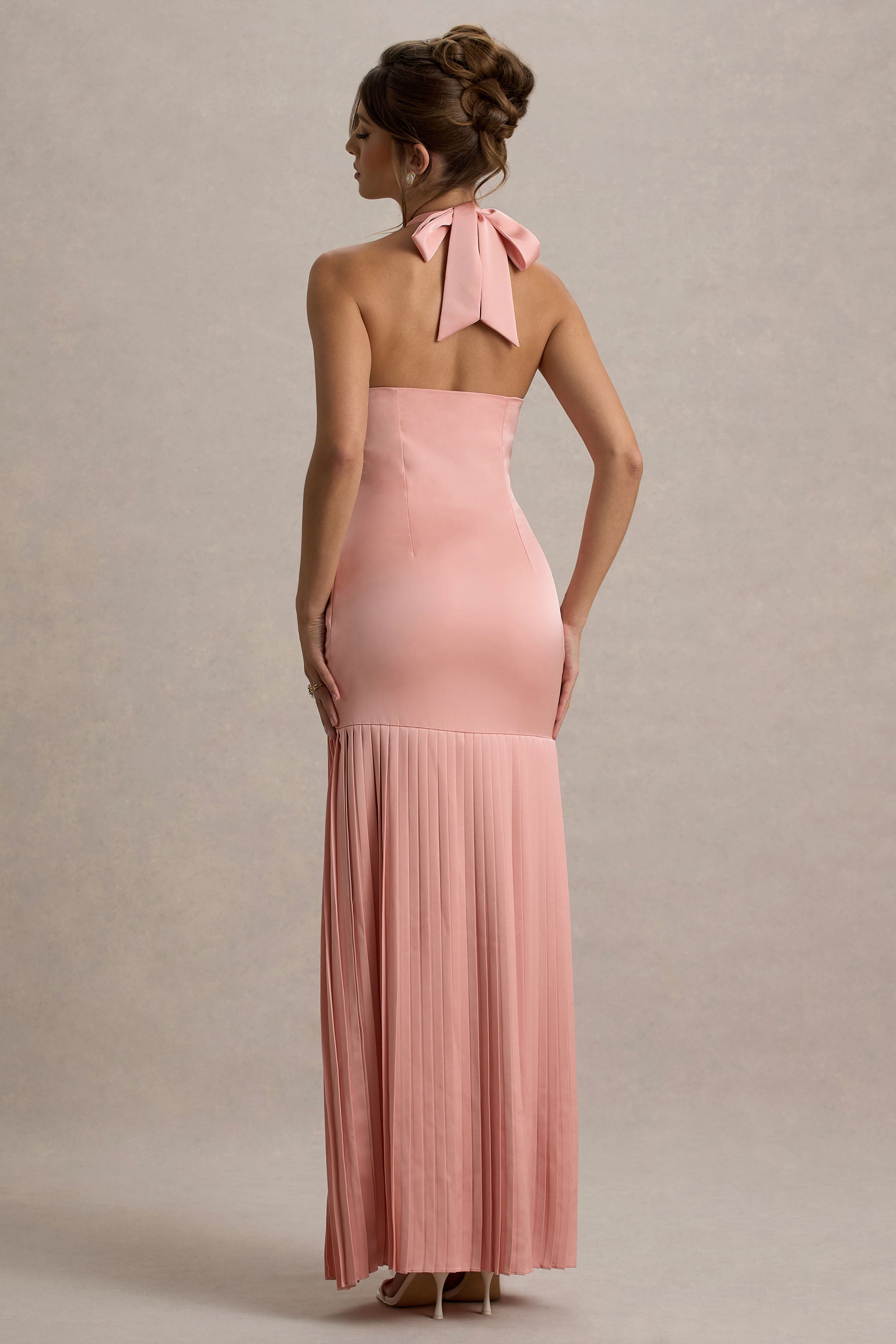 Sansa | Light Pink Satin Cross Halter-Neck Plisse Maxi Dress