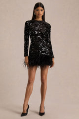 Stardust | Black Sequined Velvet Crew-Neck Mini Dress With Feather Trim