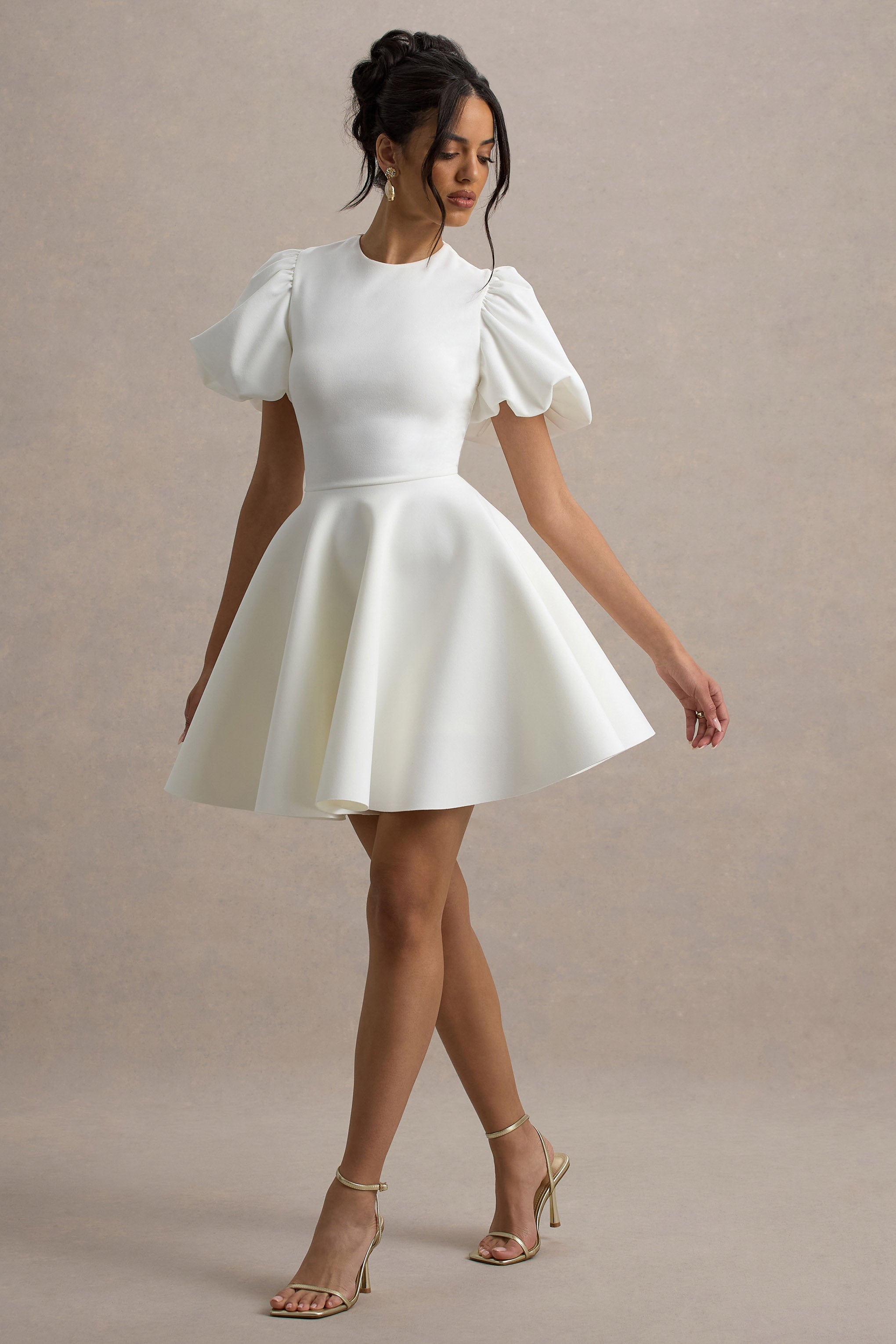 Emelia | White Puff-Sleeve Skater Mini Dress