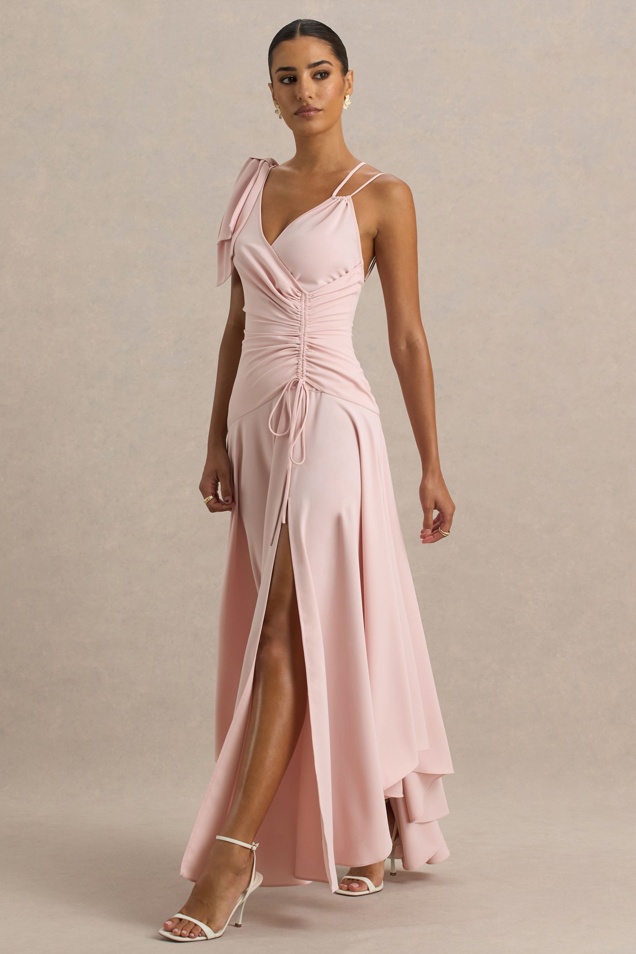 Julieta | Baby Pink Asymmetric-Neck Maxi Dress With Bow Detail And Open-Back