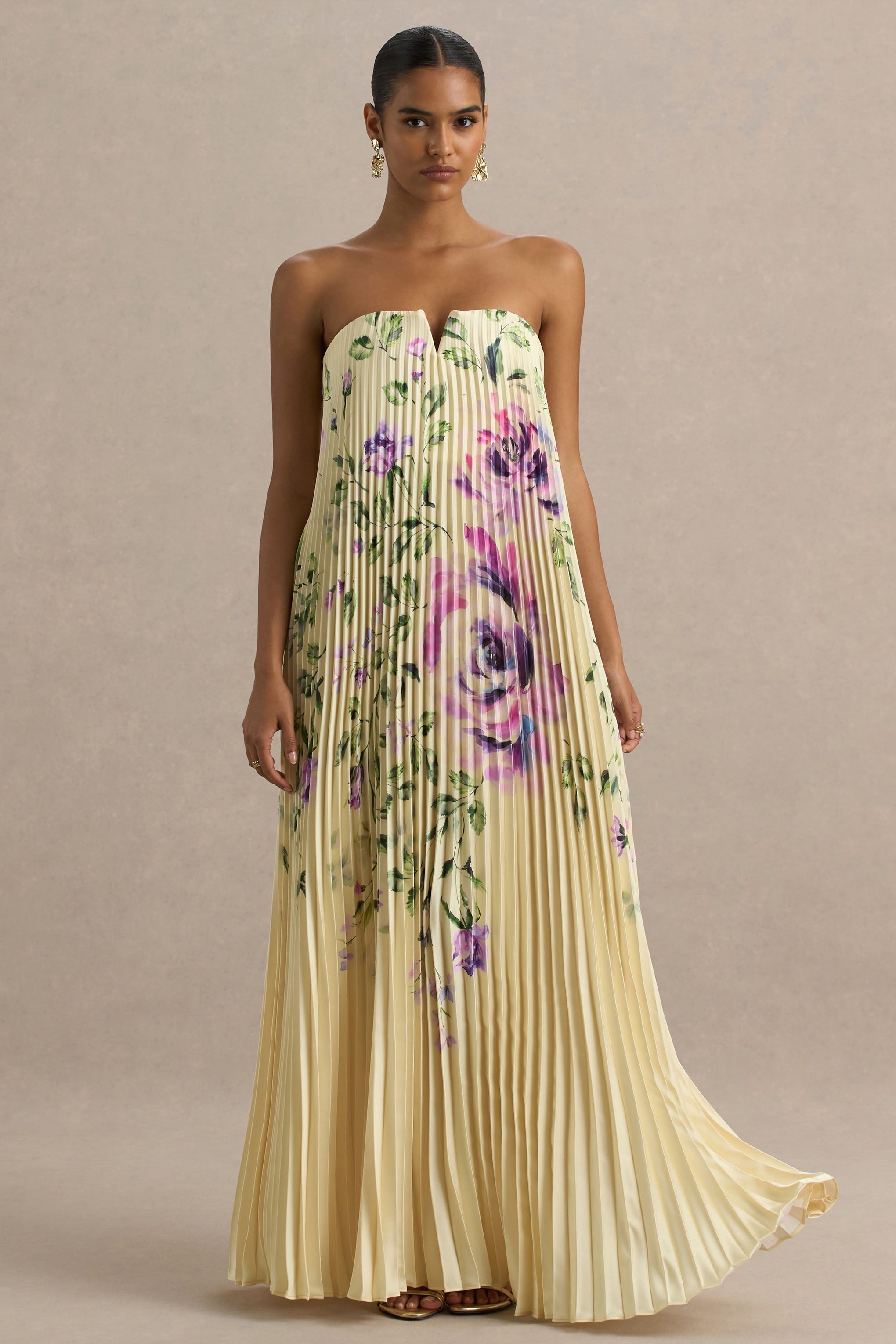 Bergamot | Lemon Rose Print Satin Sweetheart Maxi Dress