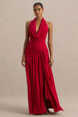Mist | Red Plunge-Neck Maxi Dress With Knot-Detail And Open-Back