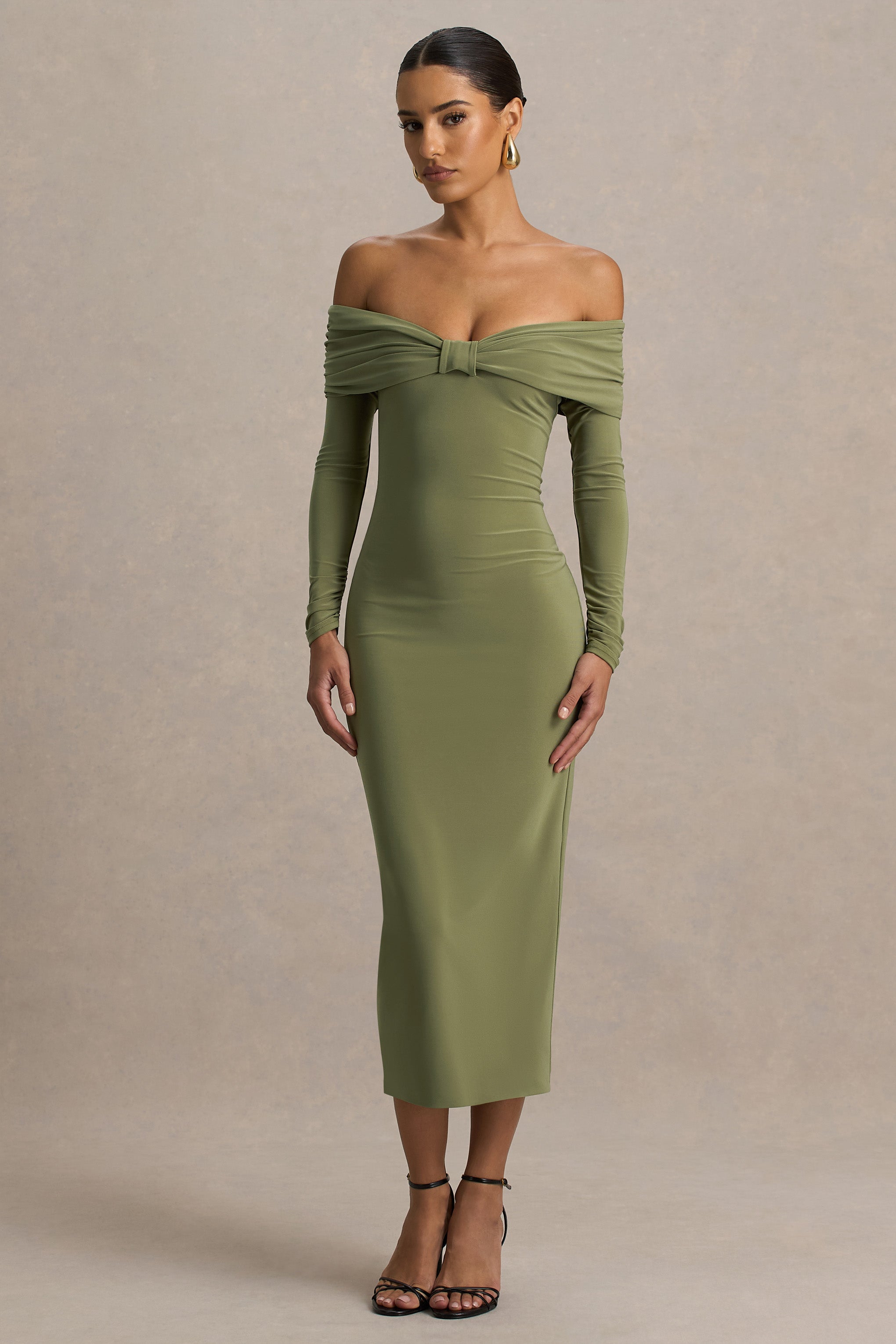 Spark | Olive Bardot-Neck Maxi Dress With Bow Detail