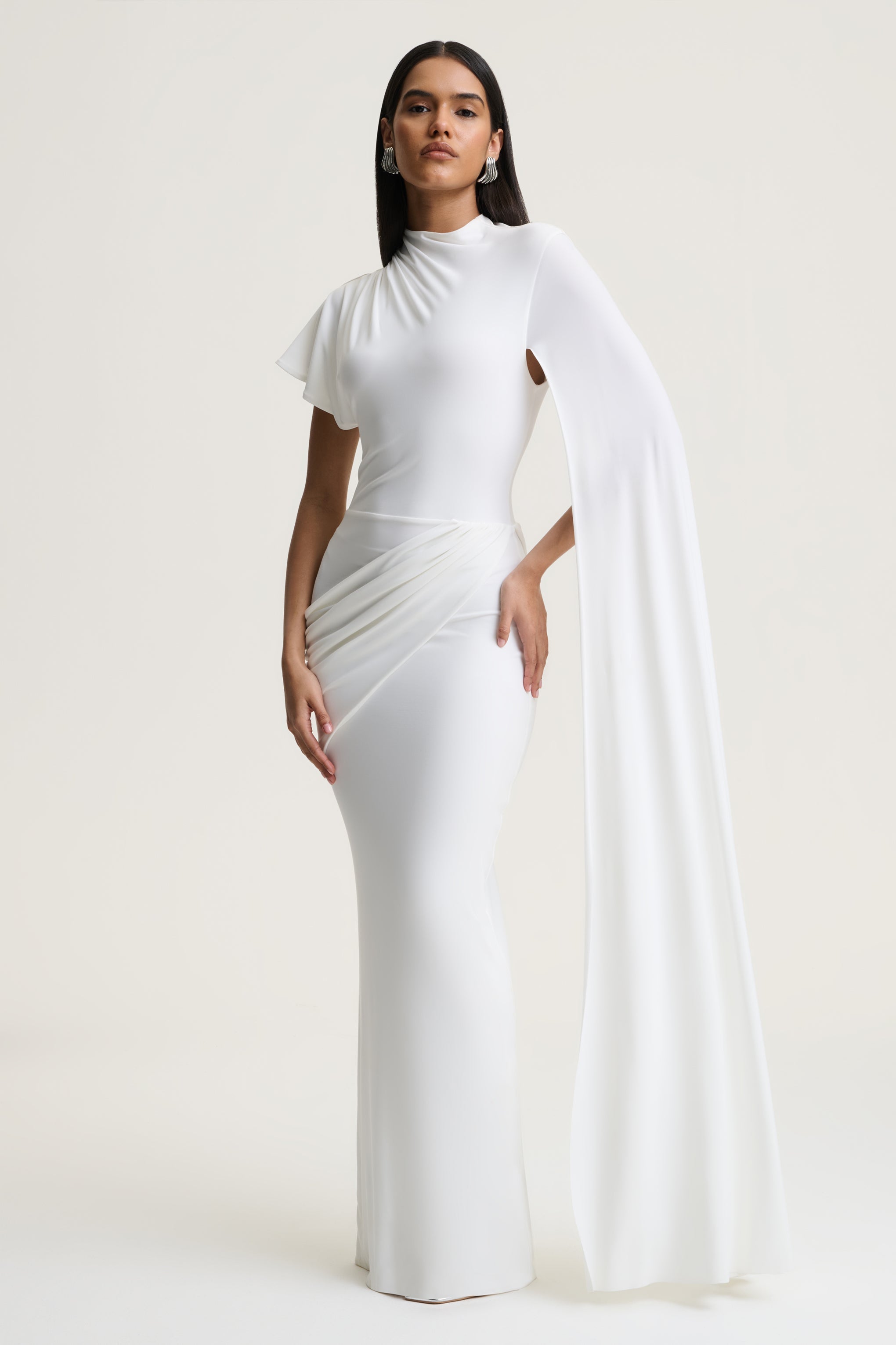 Tropic | White High-Neck Maxi With Long Cape Sleeve