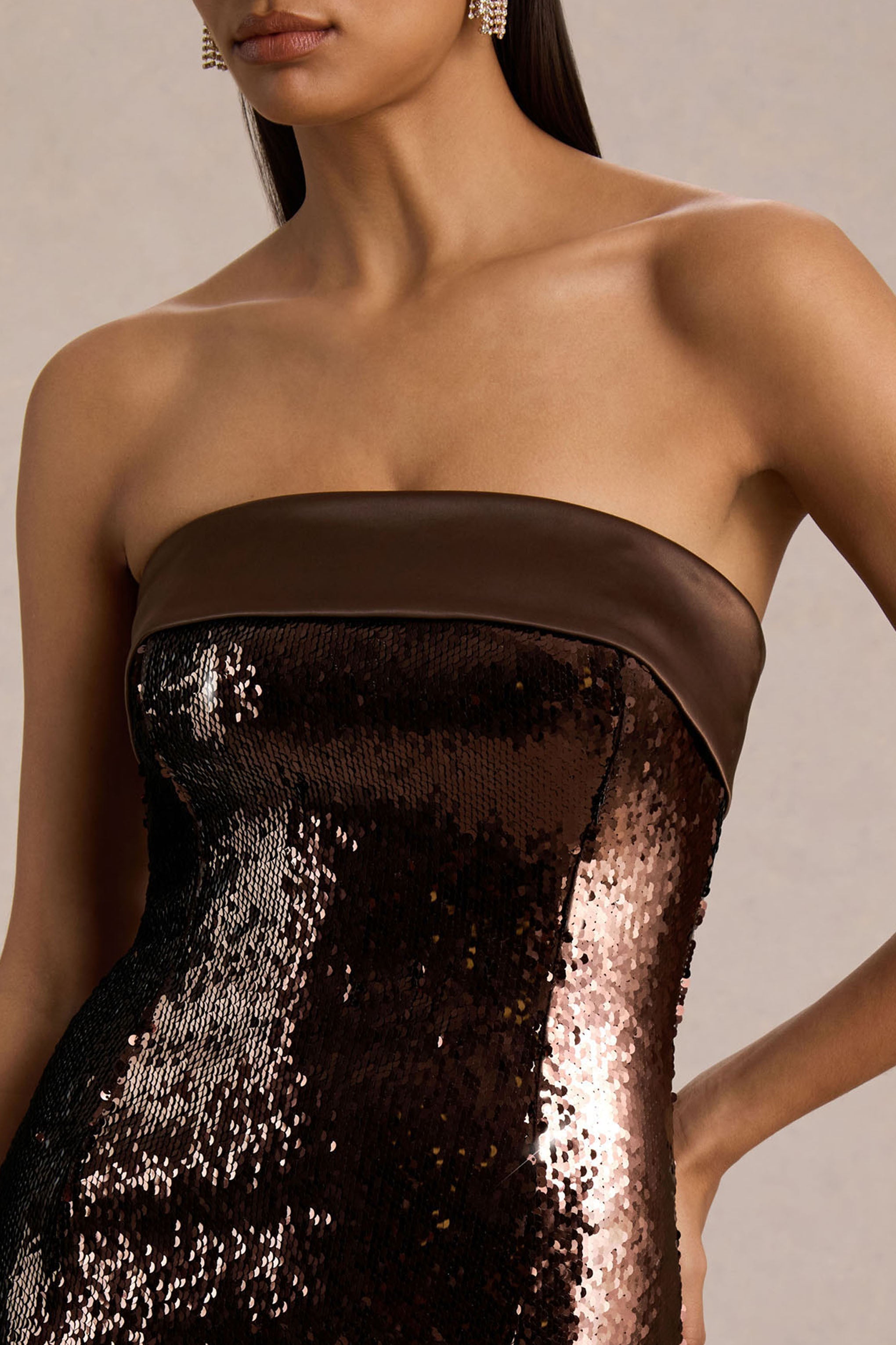 Leona | Brown Sequin Bandeau Maxi Dress With Satin Trim