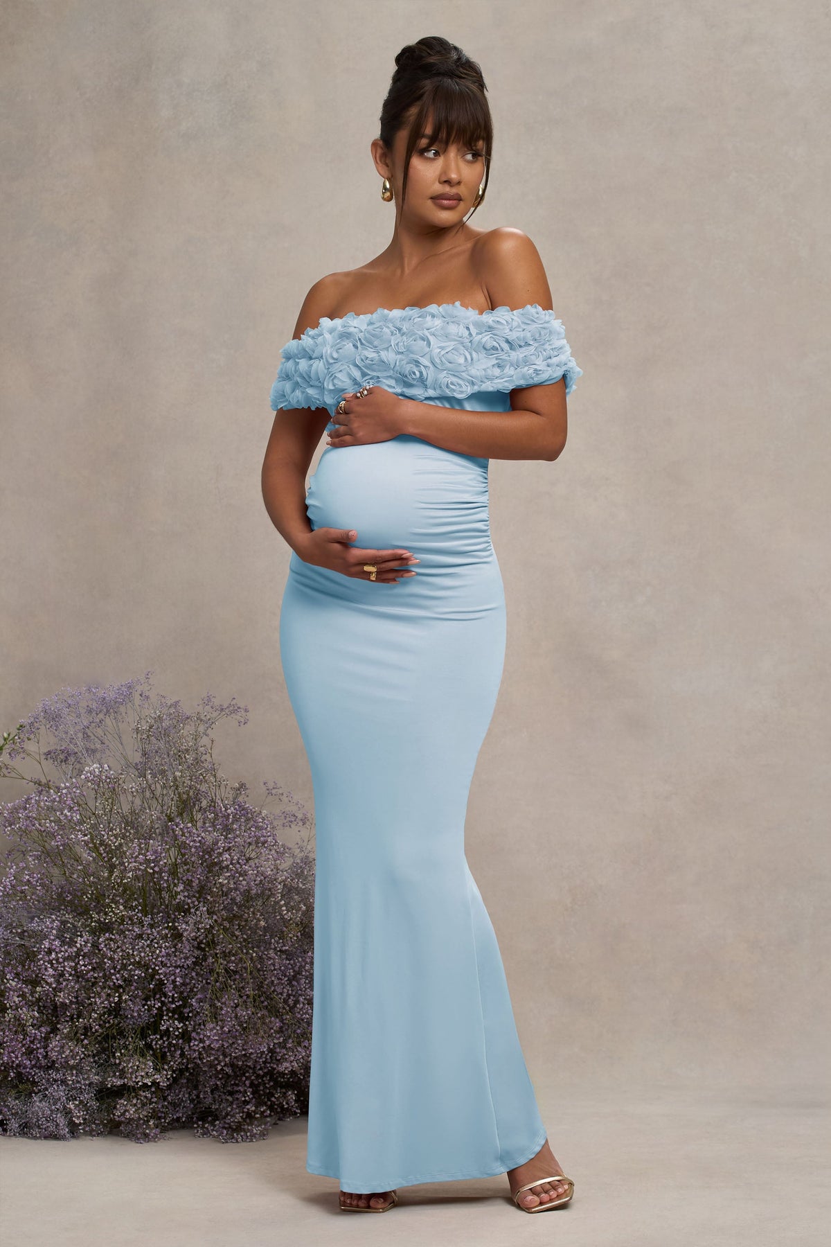 Inflorescence | Powder Blue Mesh Floral Bardot Maternity Maxi Dress