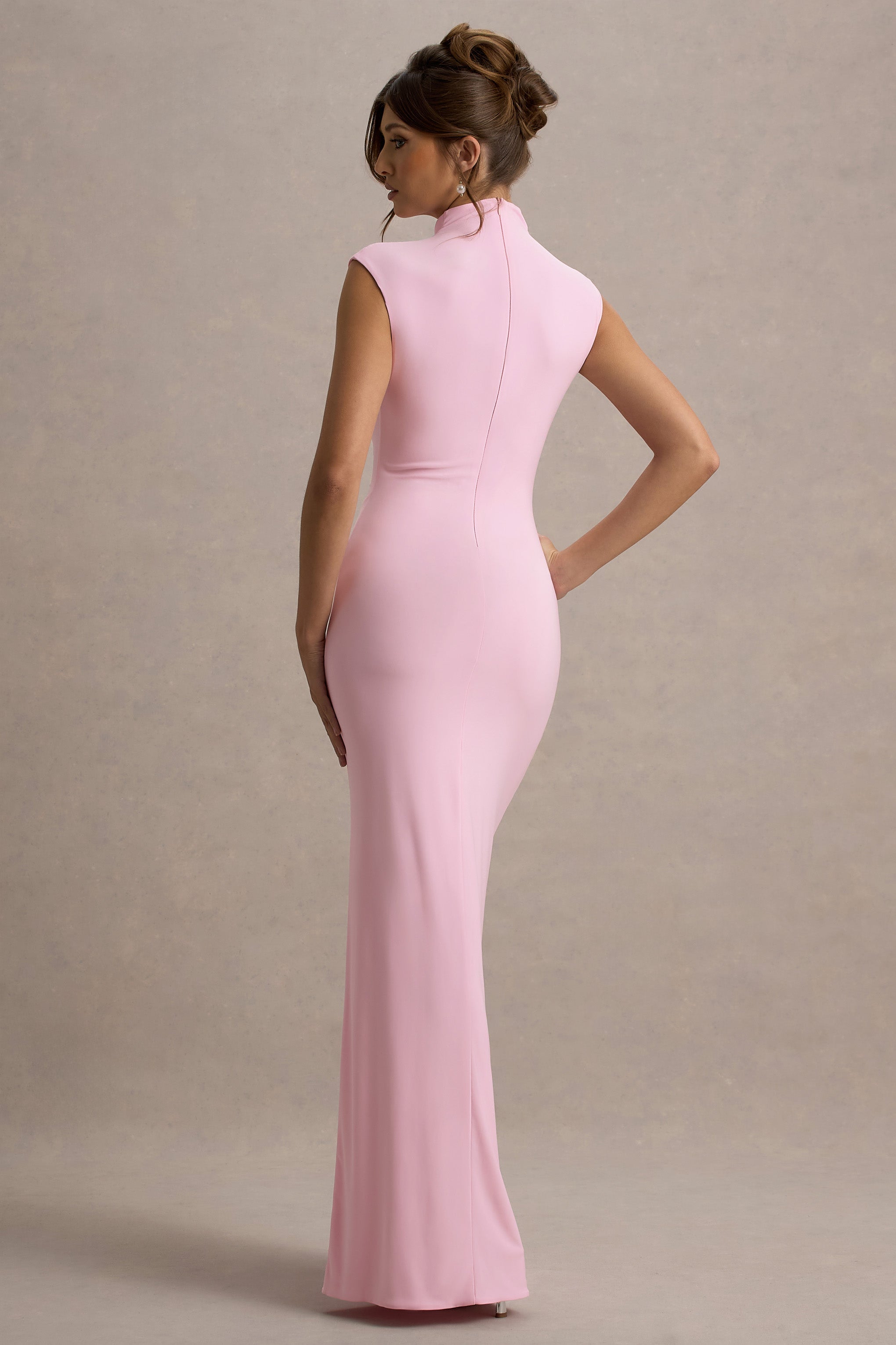 Lanetta | Pink Ruched High-Neck Maxi Dress With Split