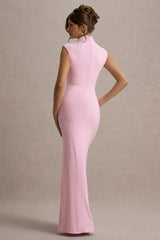 Lanetta | Pink Ruched High-Neck Maxi Dress With Split