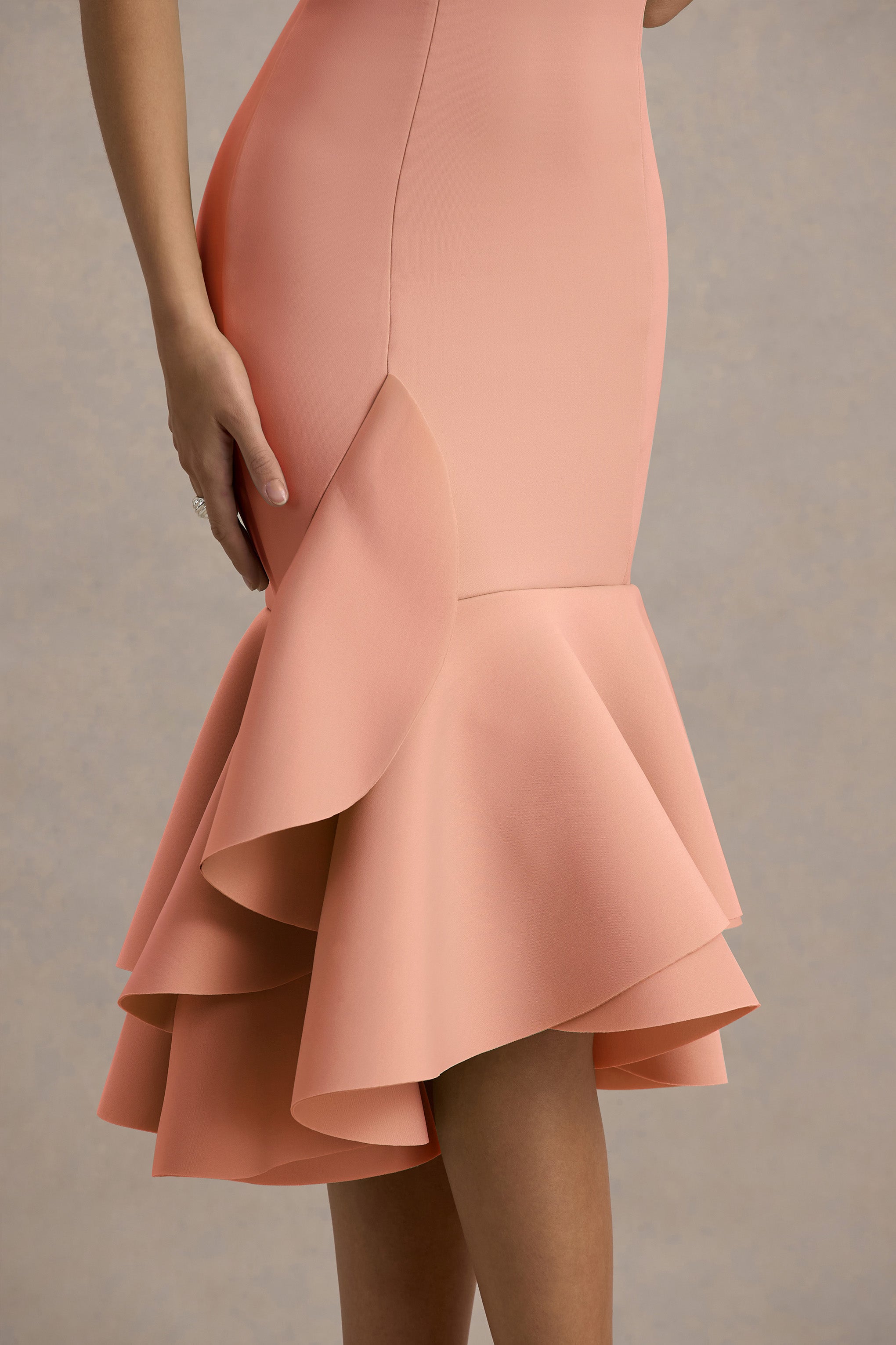 Arla | Pink Halter Neck Ruffle Trim Midi Dress