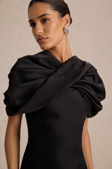 Yoli | Black Satin Maxi Dress With Removable Twist-Cape