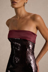 Casandra | Burgundy Sequin Bandeau Mini Dress With Satin Trim