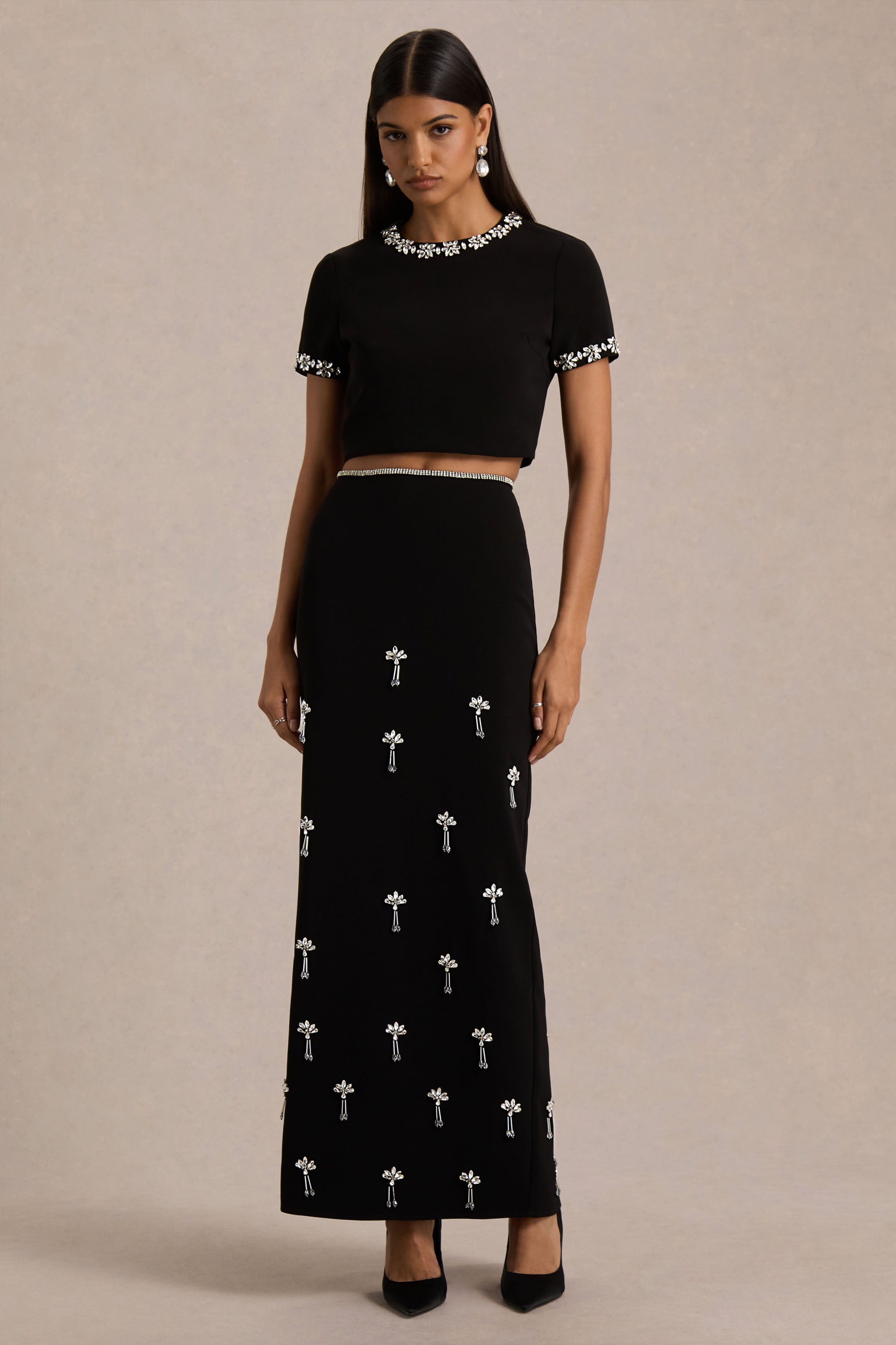 Aven | Black Hand-Embellished Maxi Skirt