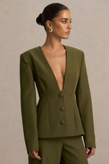 Rosalina | Olive Extreme-Plunge Neck Tailored Blazer