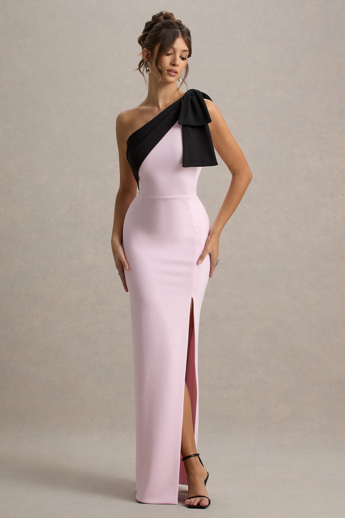 Kiri | Pink & Black One-Shoulder Bow Maxi Dress