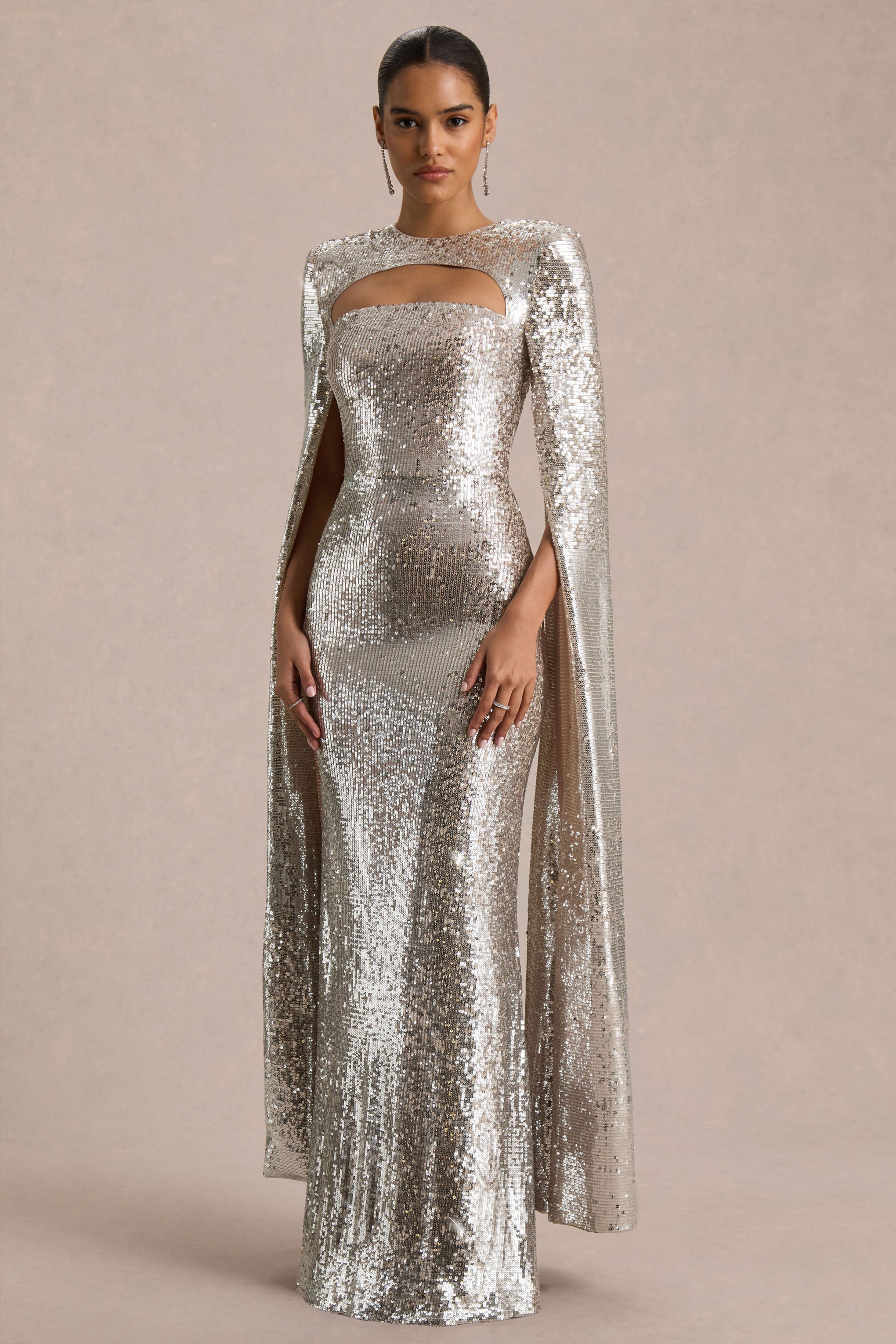Devora | Silver Sequin Crew-Neck Maxi Dress With Cape Sleeves