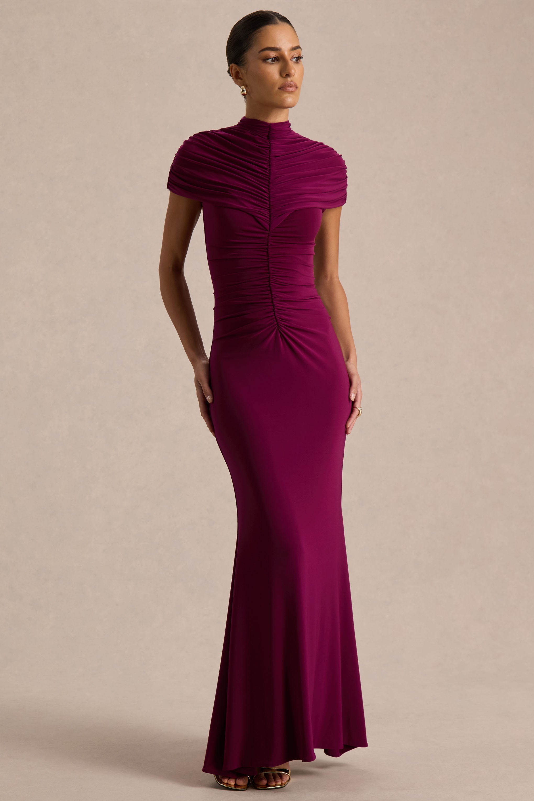 Azaria | Burgundy High-Neck Maxi Dress With Ruched Detailing