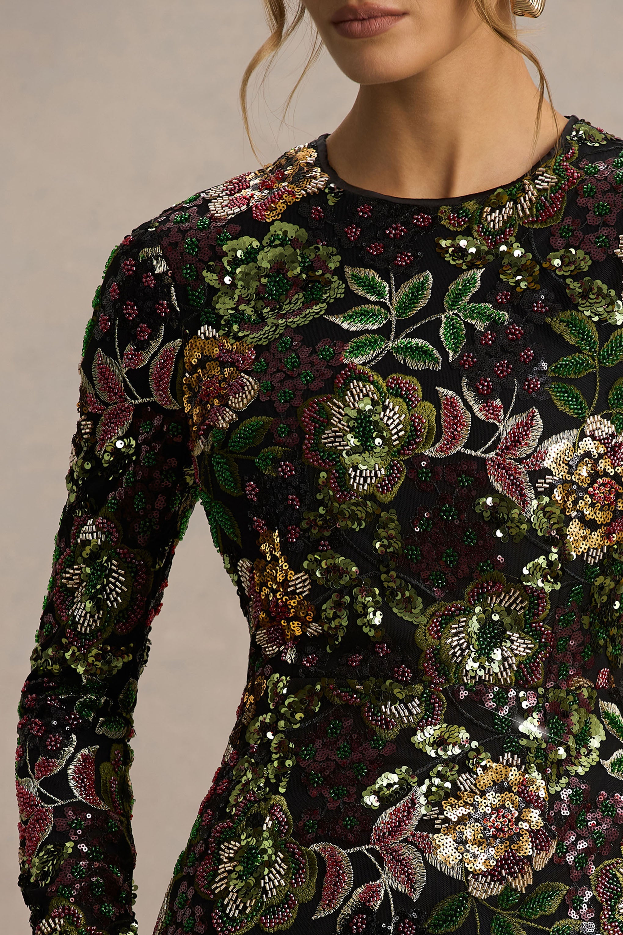 Moonlit | Winter Floral Mesh And Sequin Crew-Neck Mini Dress