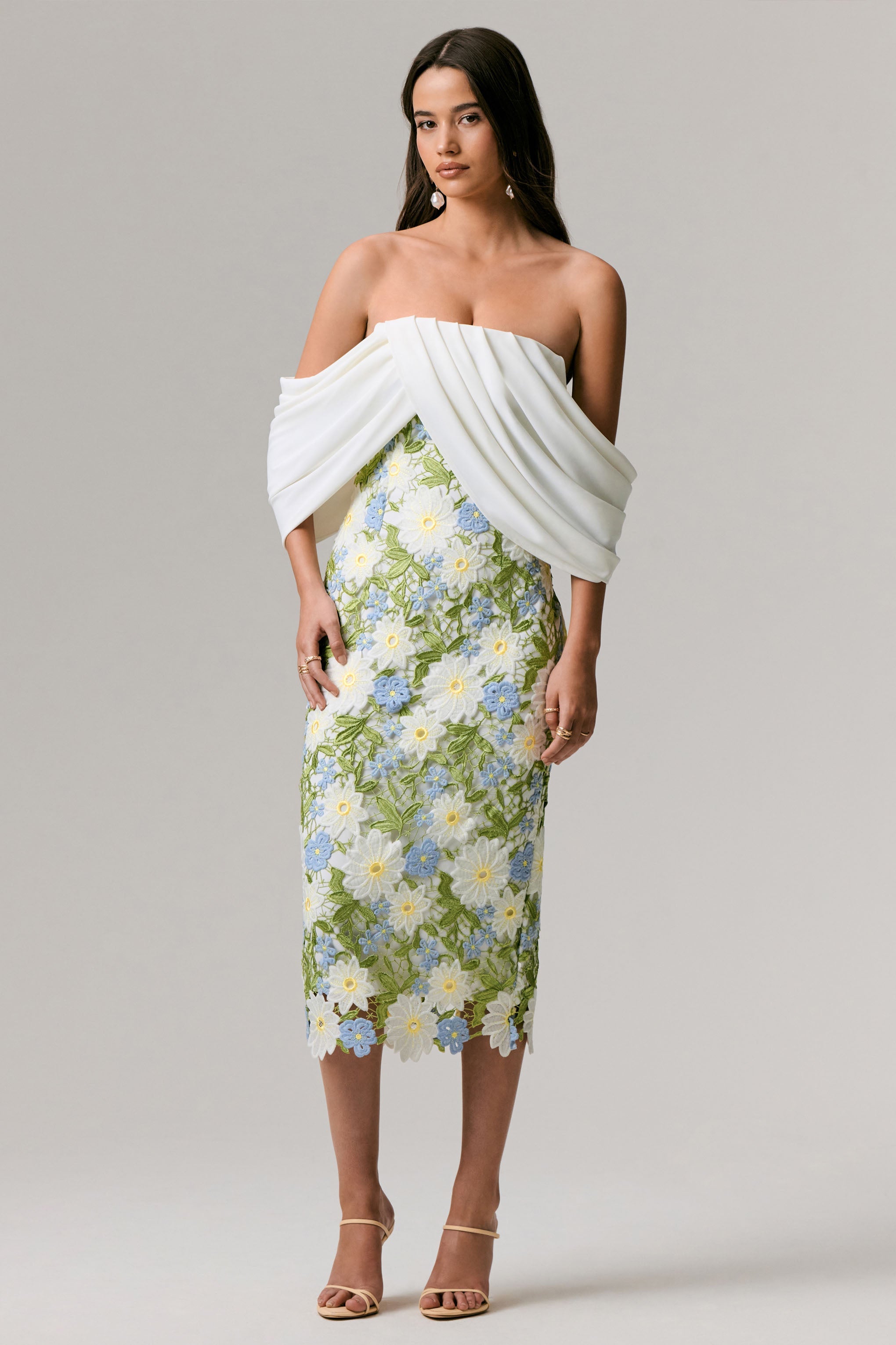 Entitled | Cream Floral Lace Bardot Midi Dress