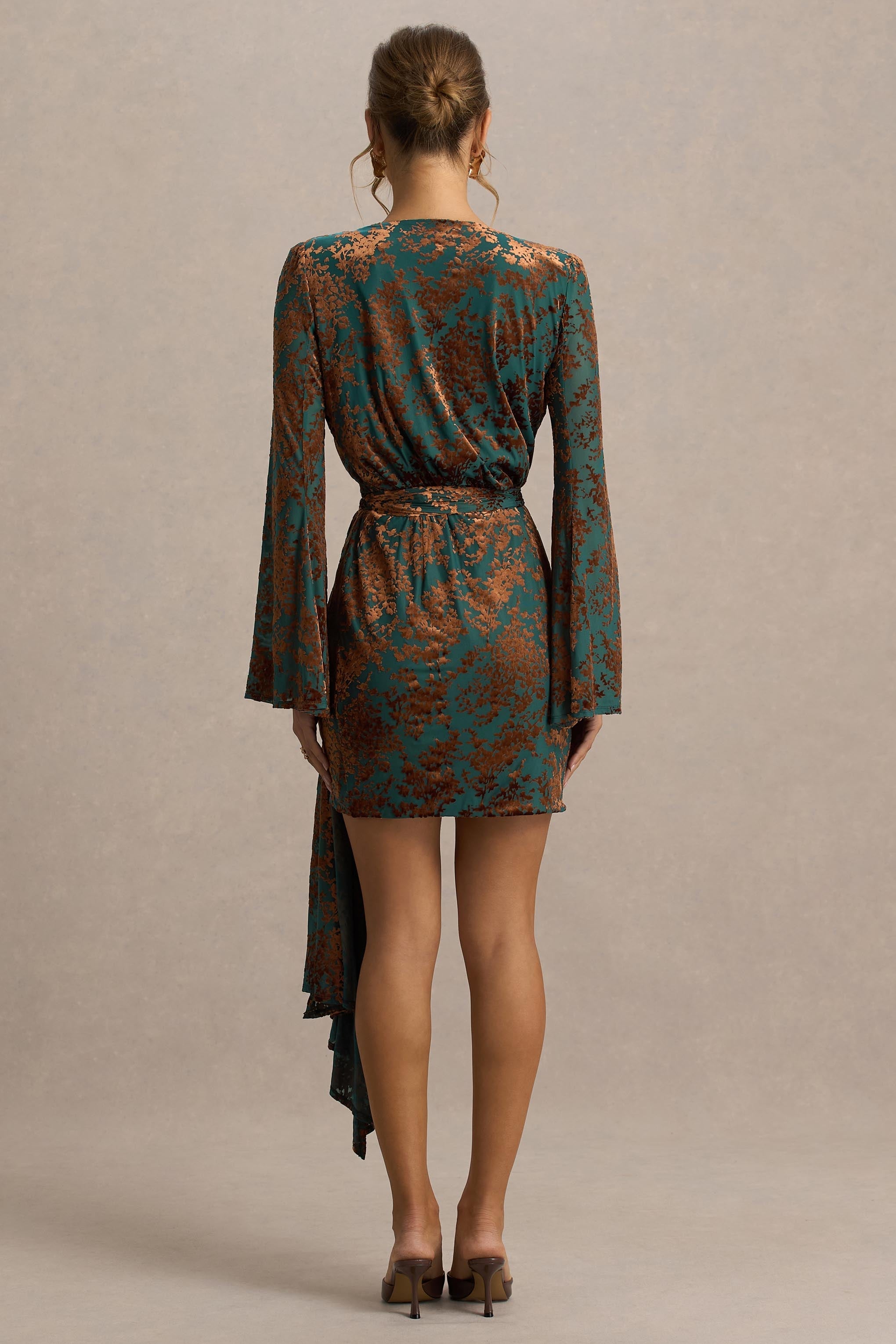 Dimitra | Dark Green And Brown Velvet Devore Plunge-Neck Wrap Mini Dress