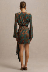 Dimitra | Dark Green And Brown Velvet Devore Plunge-Neck Wrap Mini Dress