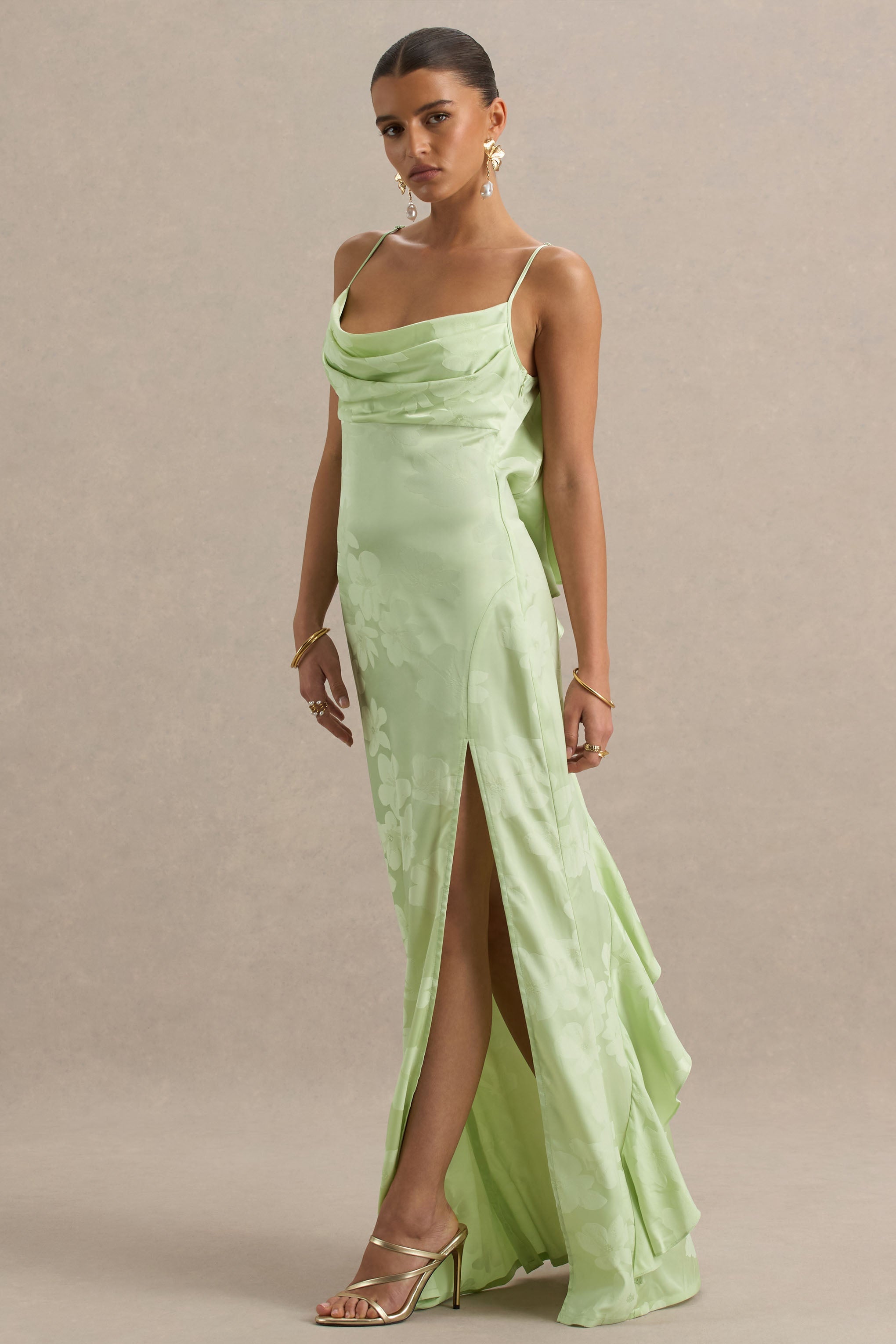 Maddie | Light Green Floral Print Satin Cowl-Neck Maxi Dress