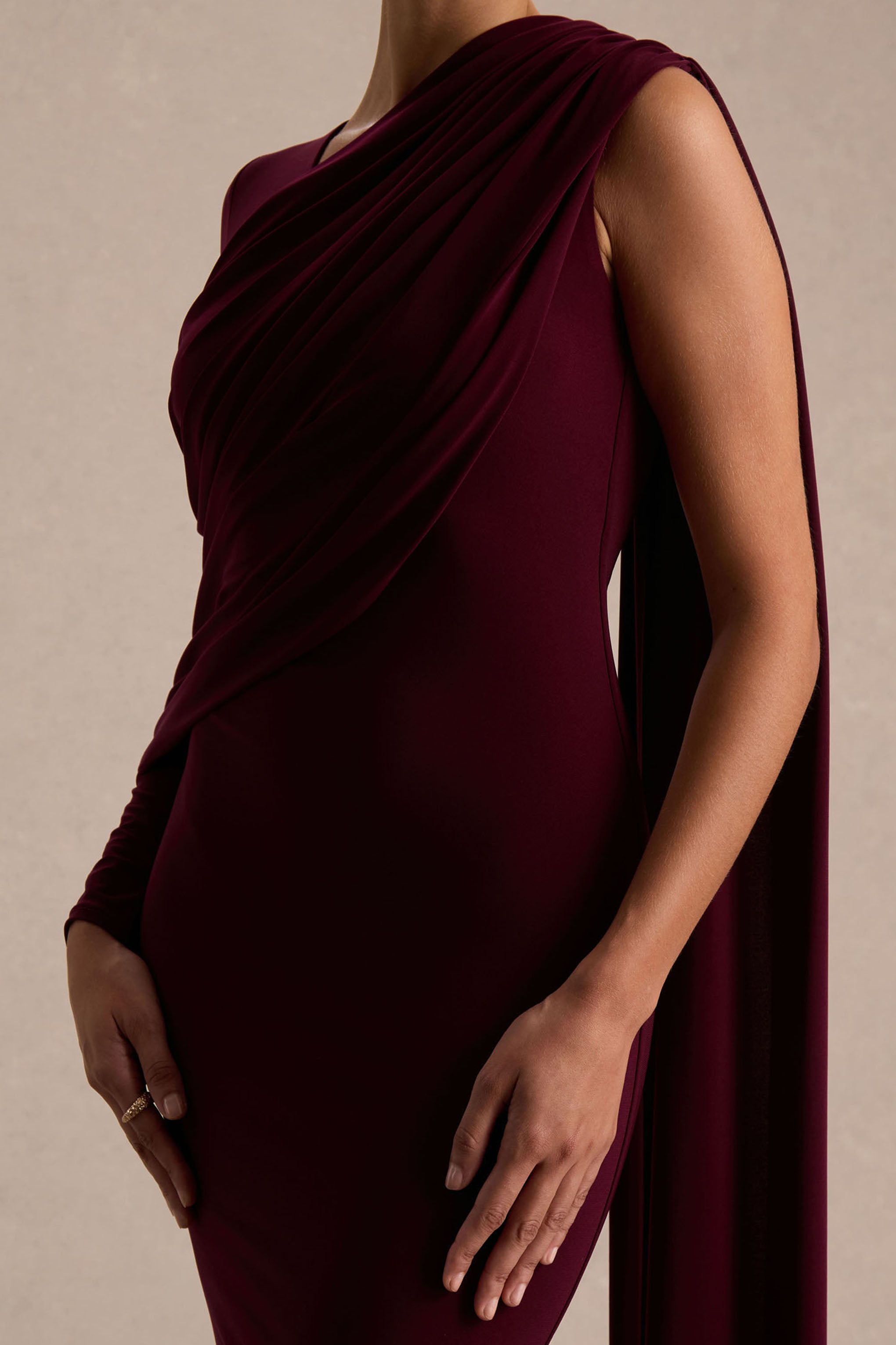 Rubelle | Burgundy Asymmetric Neck Maxi Dress With Draped Detailing