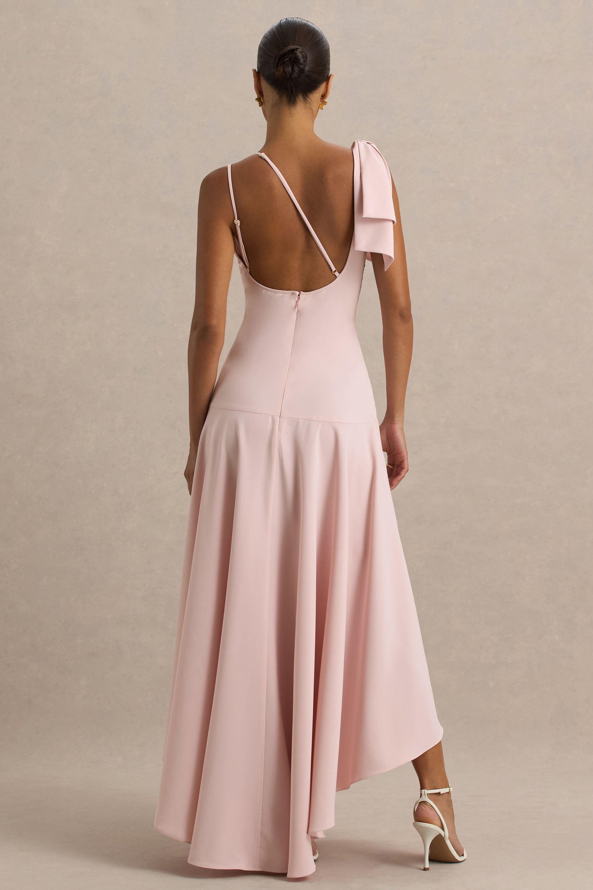 Julieta | Baby Pink Asymmetric-Neck Maxi Dress With Bow Detail And Open-Back
