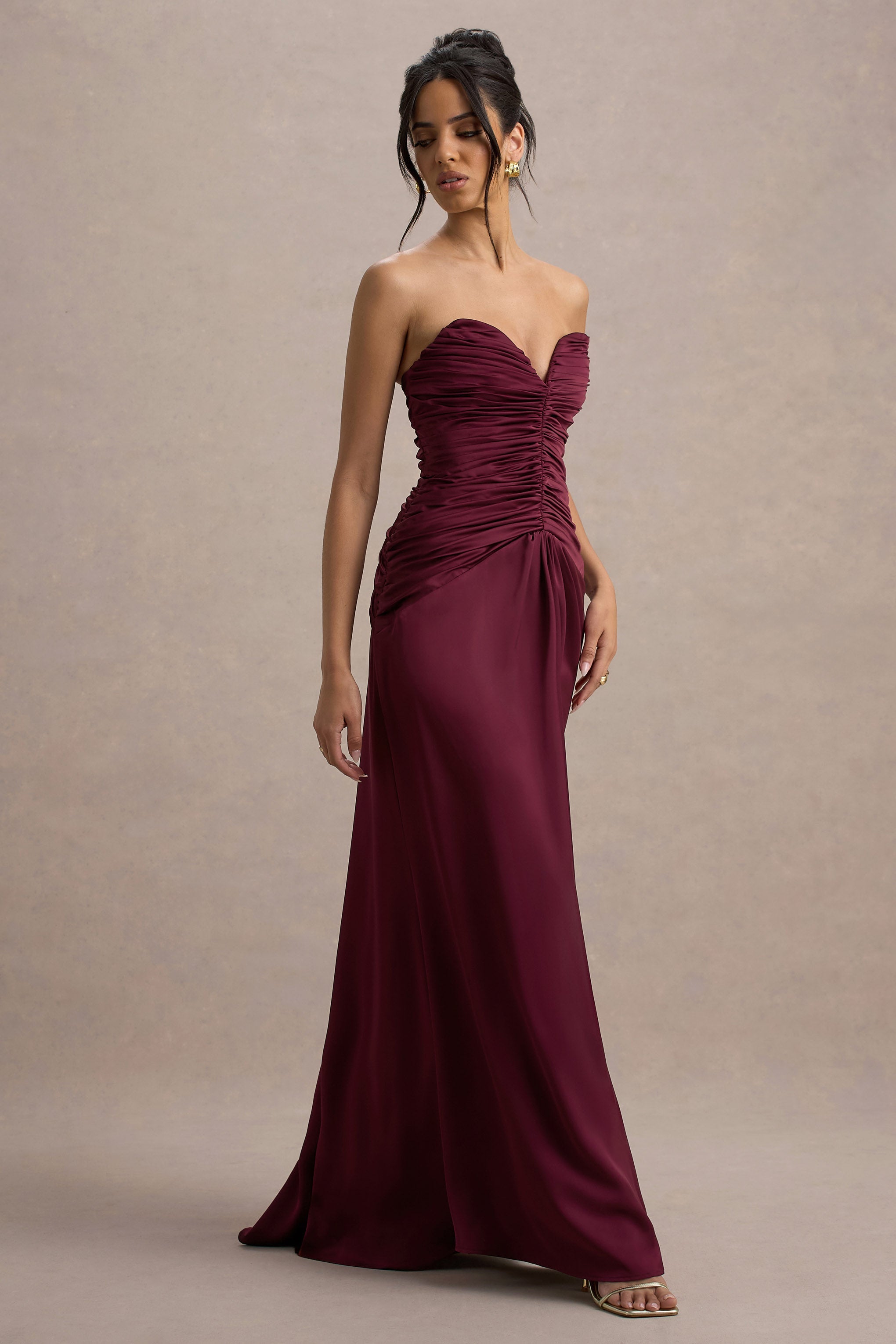 Desirie | Plum Satin Sweetheart Gathered Maxi Dress