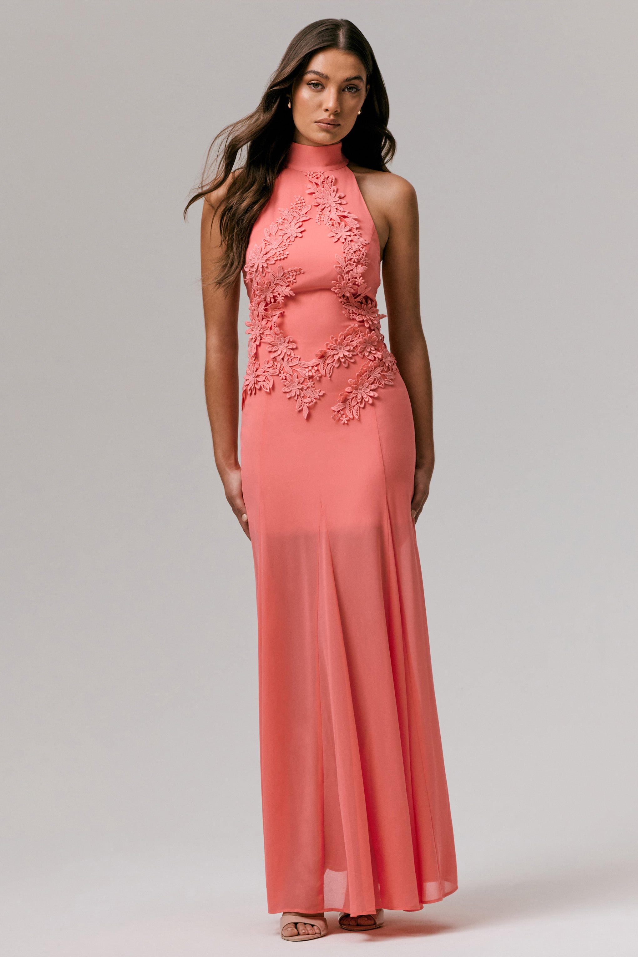 Just Like Magic | Coral High-Neck Maxi Dress With Lace Detailing