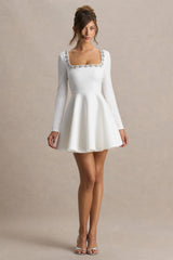 Astonish | White Long-Sleeve Embellished Square-Neck Mini Dress With Volume Skirt