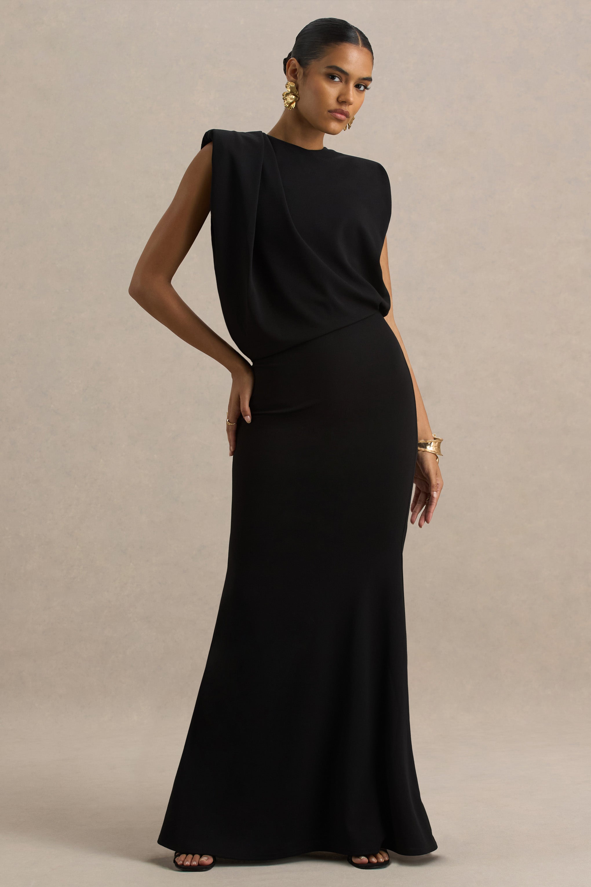 Meave | Black Boat-Neck Maxi Dress With Draped Detail