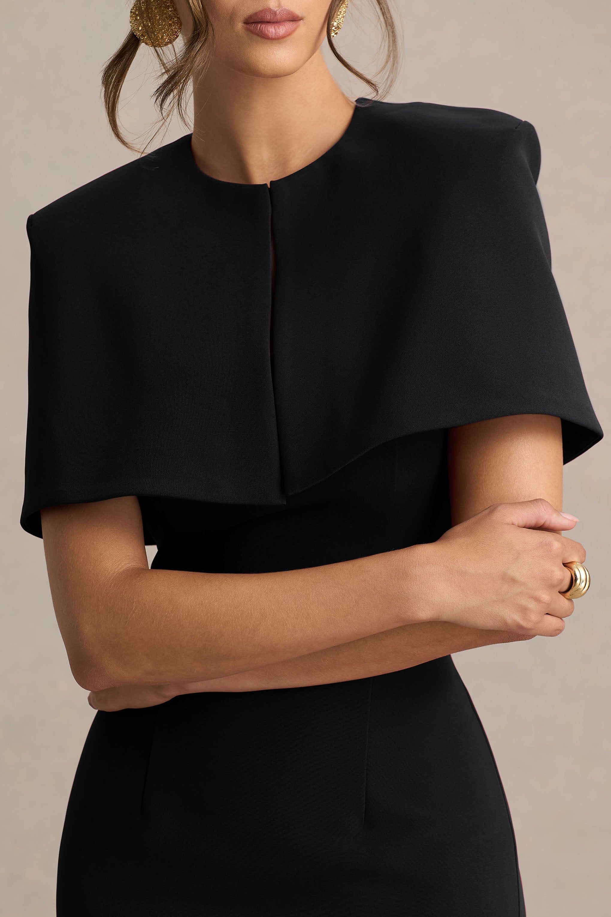 Baylor | Black Midi-Dress With Removable Cape-Detail