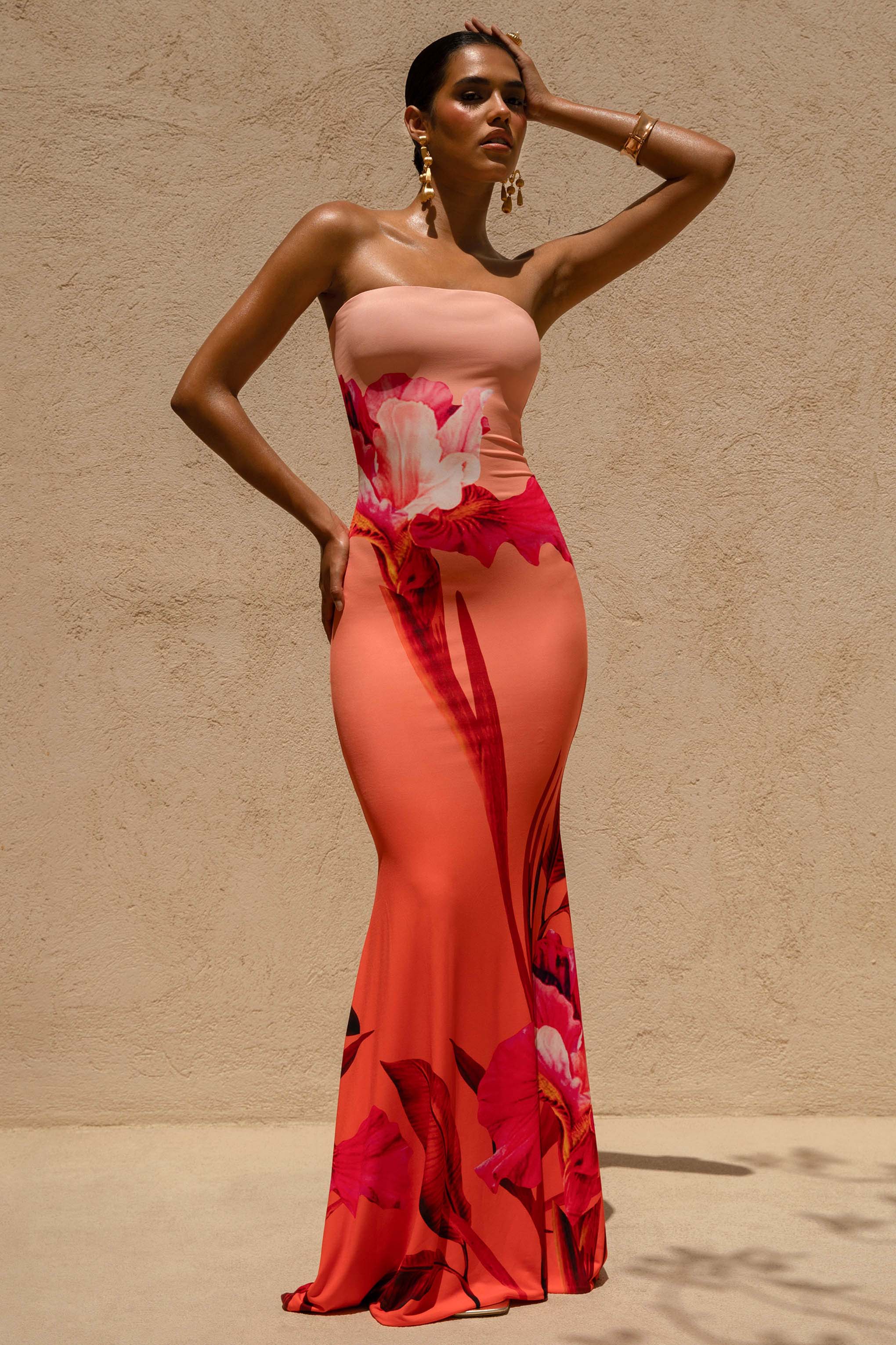 Ceremony | Pink Ombre Floral Print Bandeau Fishtail Maxi Dress