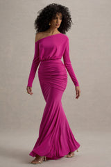 Deanna | Hot Pink Asymmetric Long-Sleeve Ruched Maxi Dress