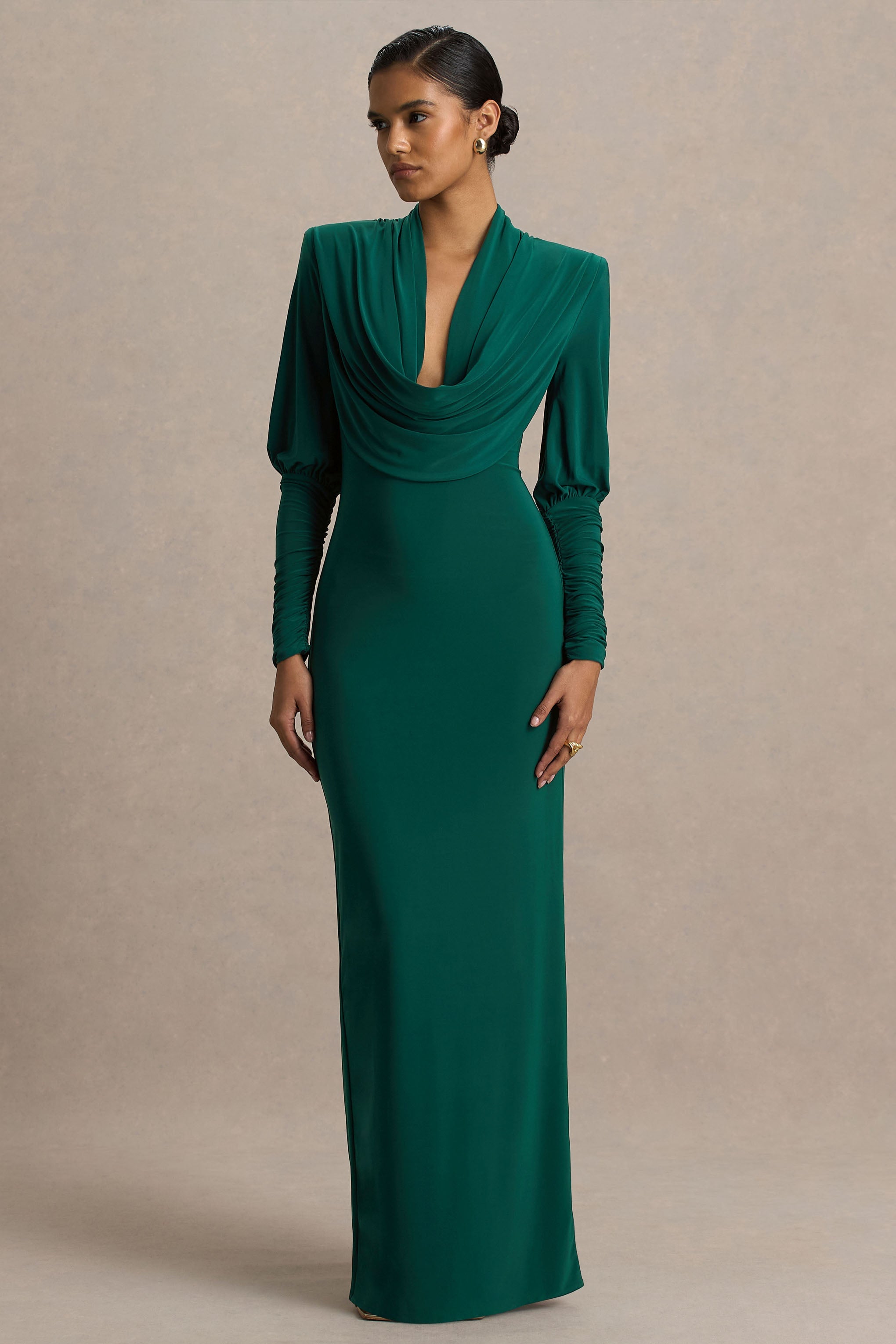 Kaylee | Bottle Green Cowl-Neck Maxi Dress With Draping Details