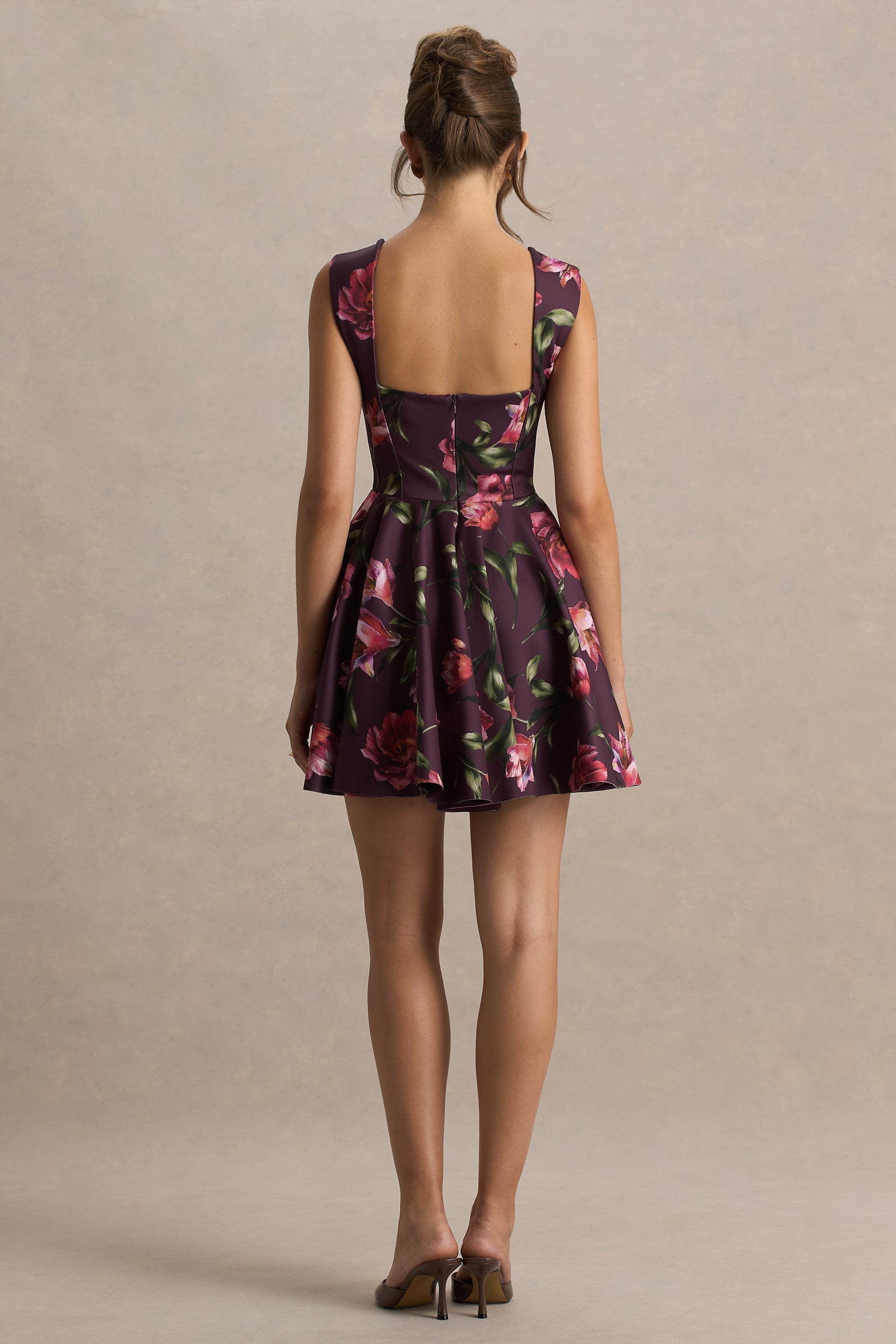 Magic | Burgundy Floral Print Sweetheart-Neck Mini Dress.