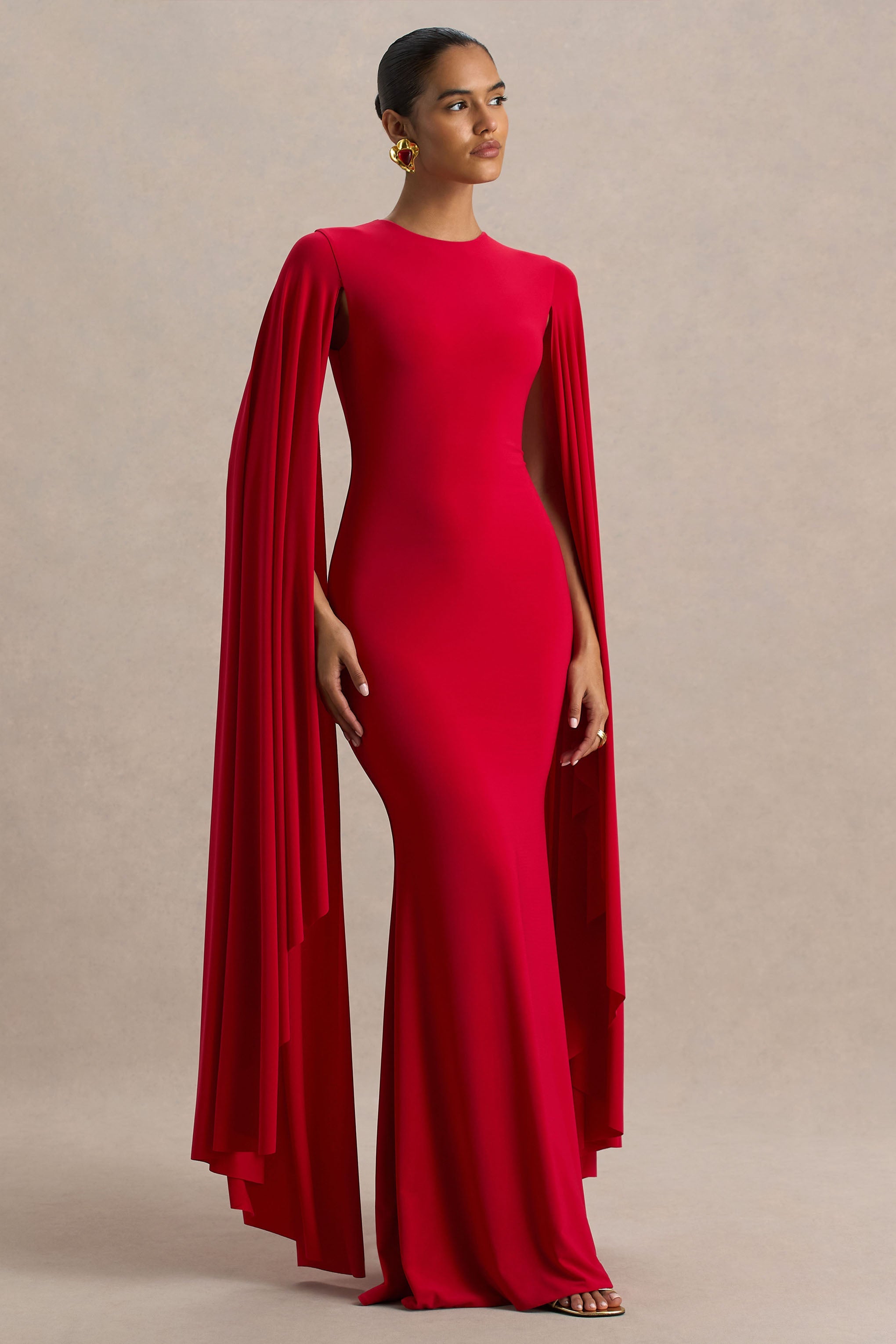 Briony | Red Crew-Neck Maxi Dress With Cape Sleeves