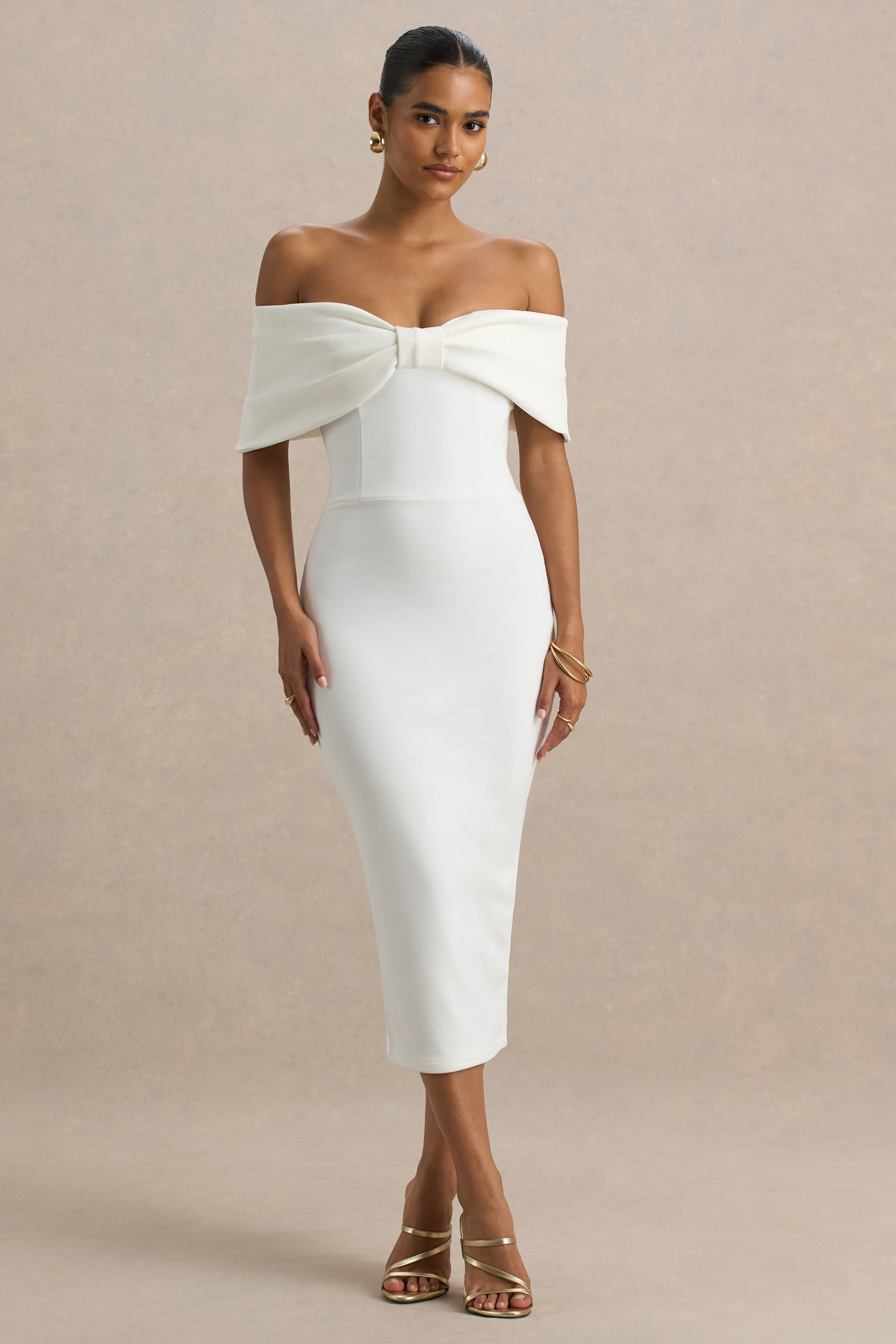 Bayshore | White Bow Bardot Midi Dress