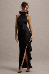 Maureen | Black Satin High-Neck Draped Maxi Dress