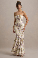 Callie | Lemon Floral Print Bandeau Fishtail Maxi Dress