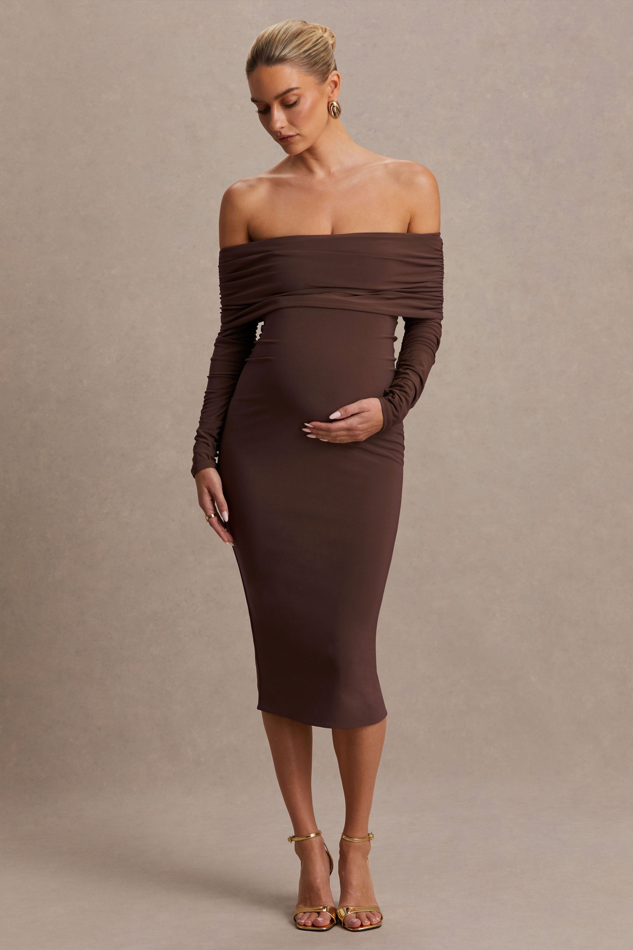 Elspeth | Brown Bardot-Neck Maternity Midi Dress