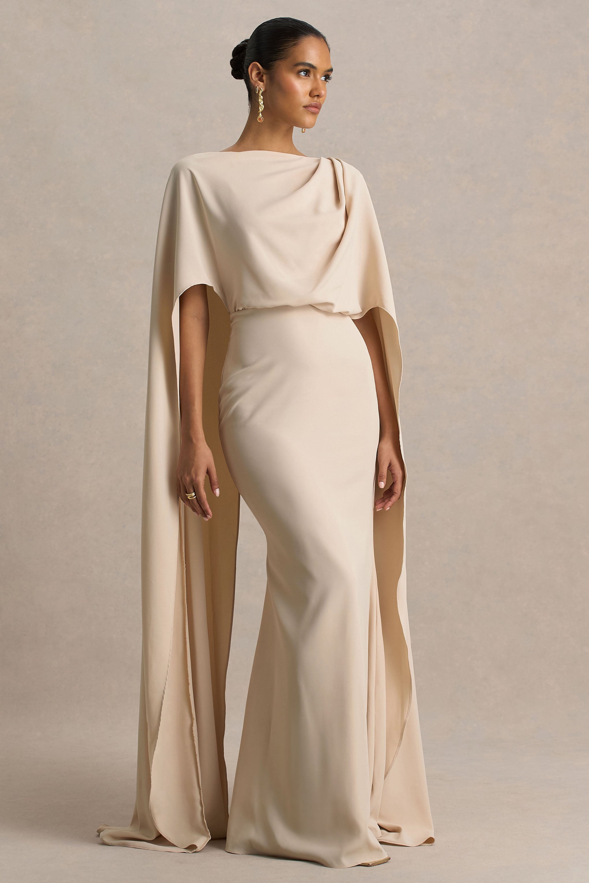 Pristina | Sand Boat-Neck Woven Maxi Dress With Cape Detail