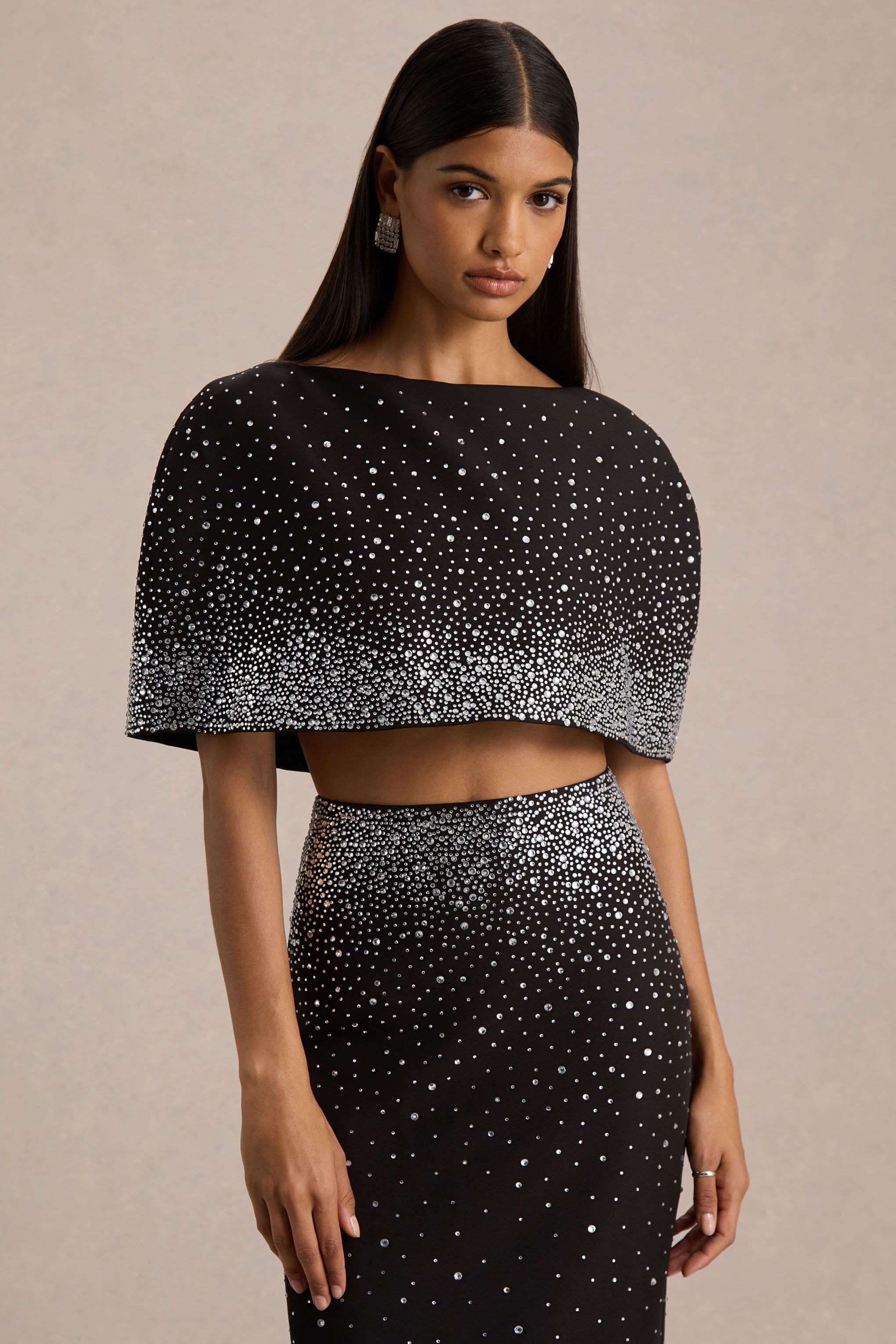 Luxy | Black Embellished Boat-Neck Crop-Top With Cape-Sleeves