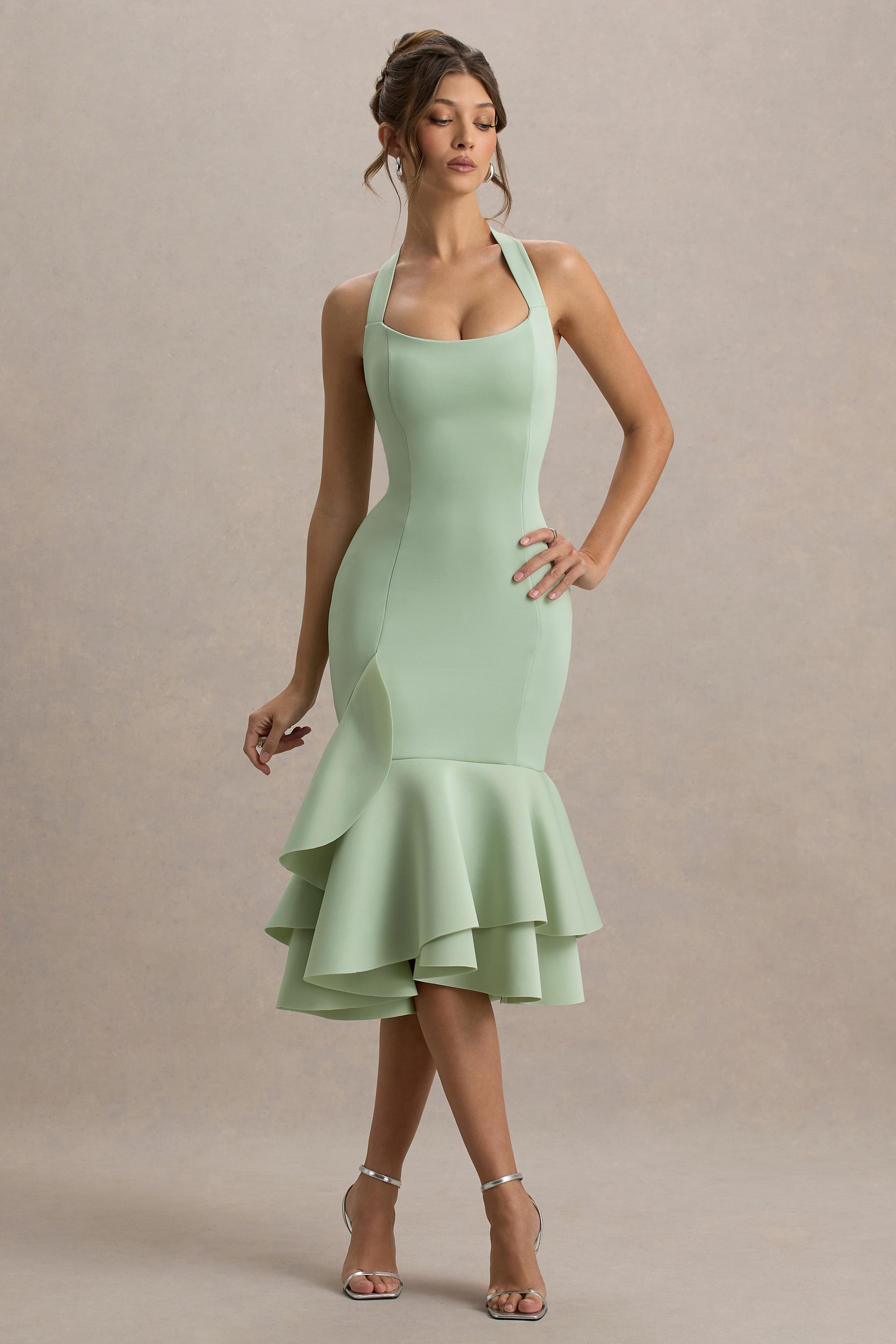Arla | Light Green Halter Neck Ruffle Trim Midi Dress