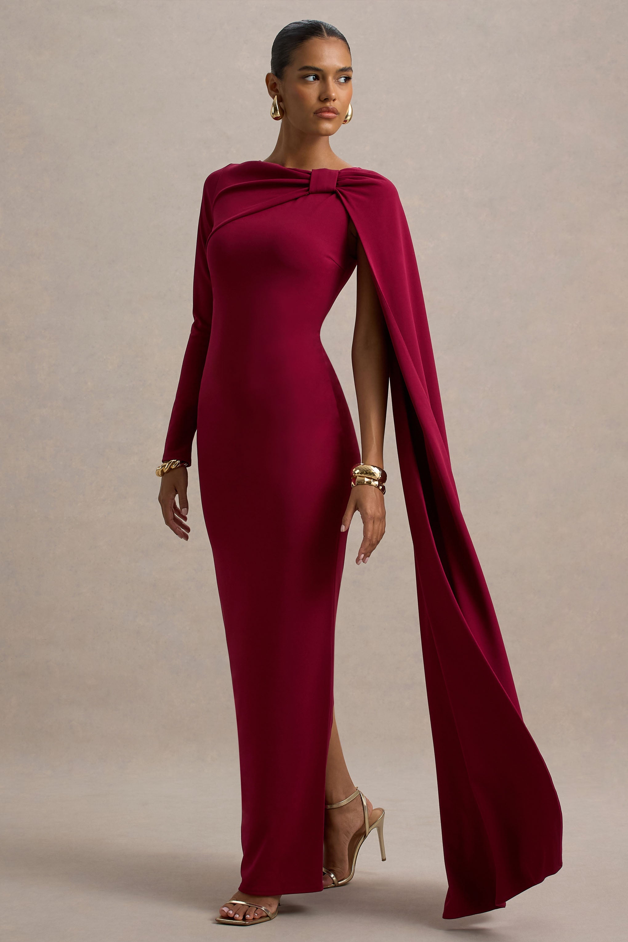 Frances | Burgundy High-Neck Maxi Dress With Cape Detail