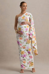 Aliana | Peach And Lilac Floral Print Asymmetric Maternity Maxi Dress With Ruched Detailing